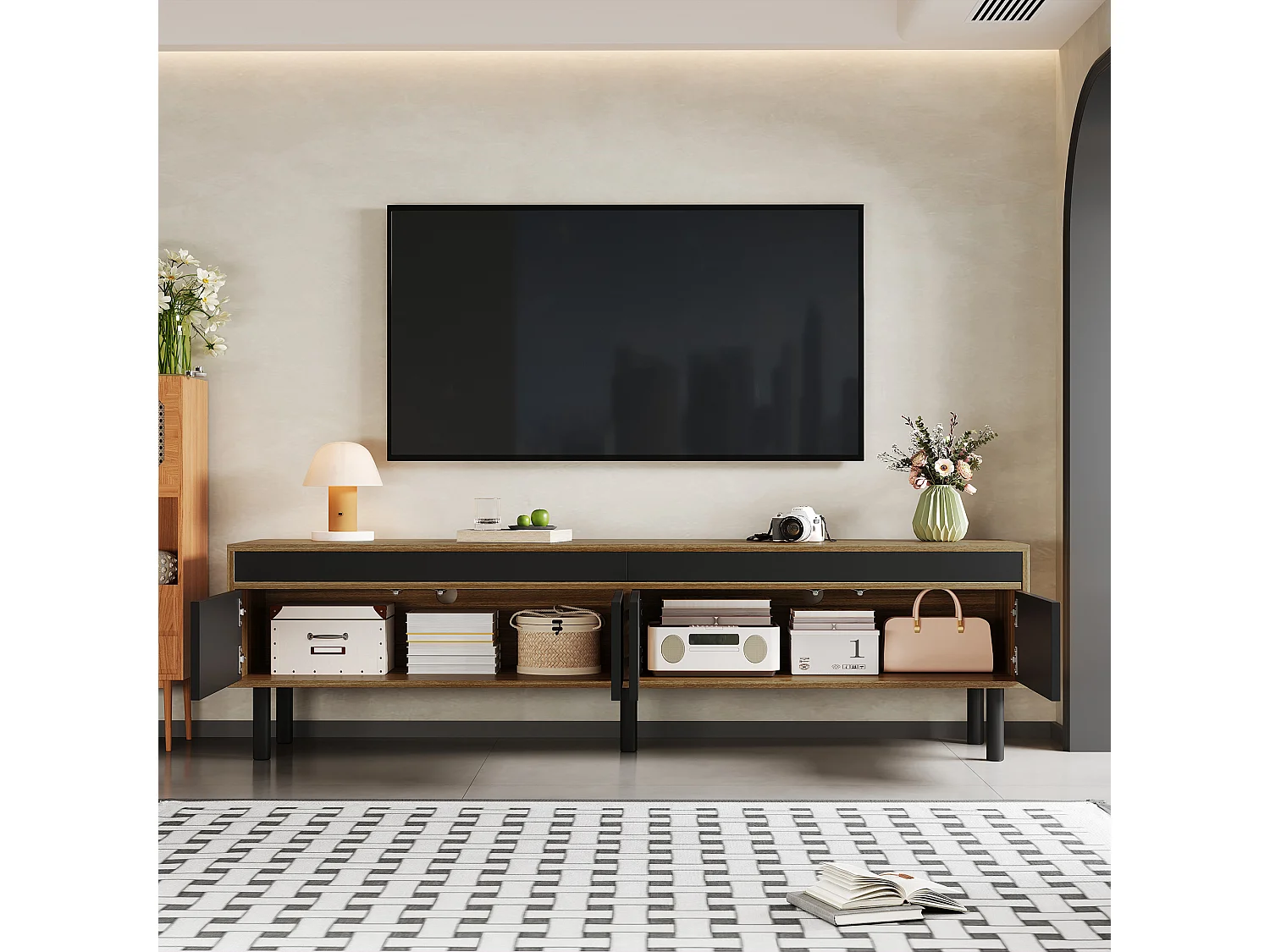 TV Stand 170x38x47.7 cm - 3 Doors - MDF + Particleboard - Natural + Black