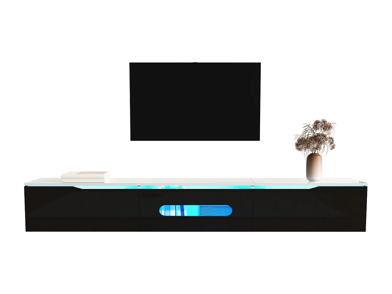 TV stand 180x35x30cm - glossy finish - with 16-color LED lighting - wall-mounted - black + white