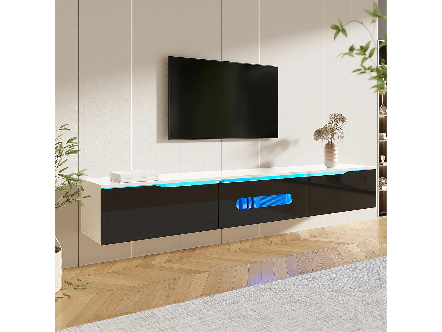 TV stand 180x35x30cm - glossy finish - with 16-color LED lighting - wall-mounted - black + white