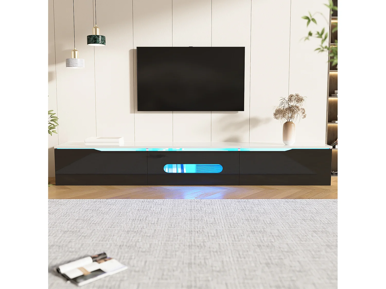 TV stand 180x35x30cm - glossy finish - with 16-color LED lighting - wall-mounted - black + white