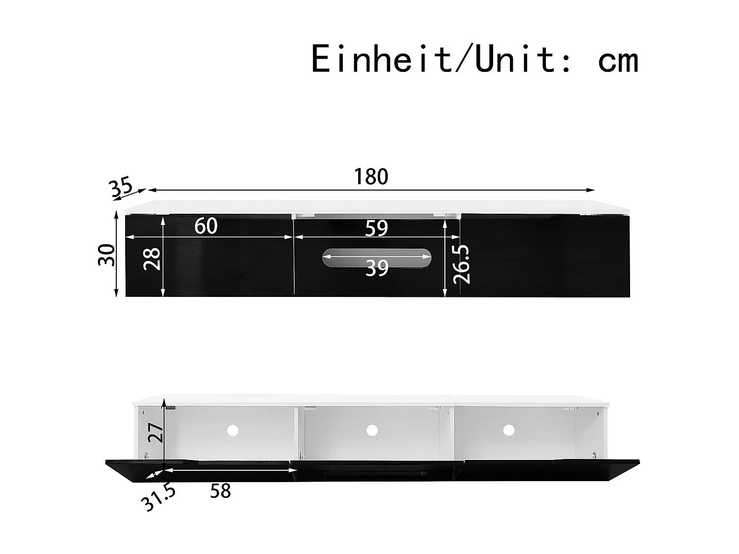 TV stand 180x35x30cm - glossy finish - with 16-color LED lighting - wall-mounted - black + white