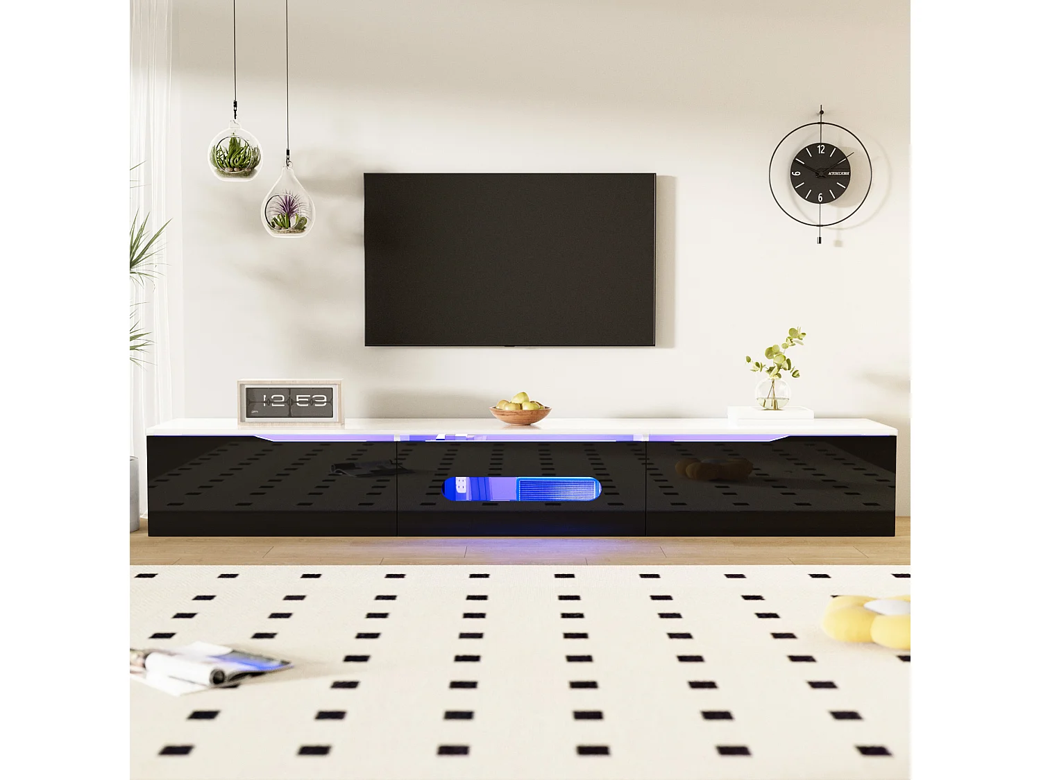 TV stand 180x35x30cm - glossy finish - with 16-color LED lighting - wall-mounted - black + white