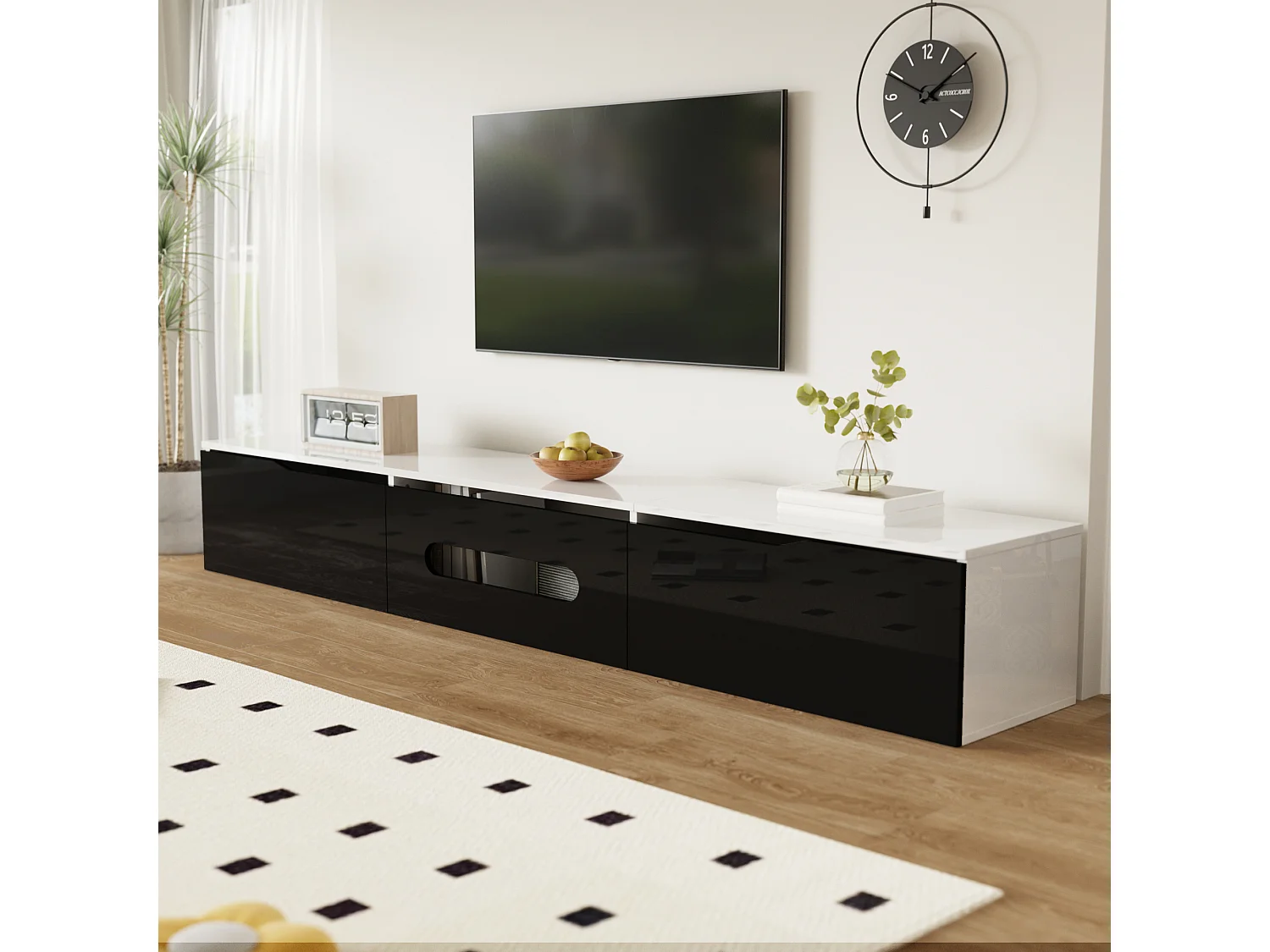 TV stand 180x35x30cm - glossy finish - with 16-color LED lighting - wall-mounted - black + white