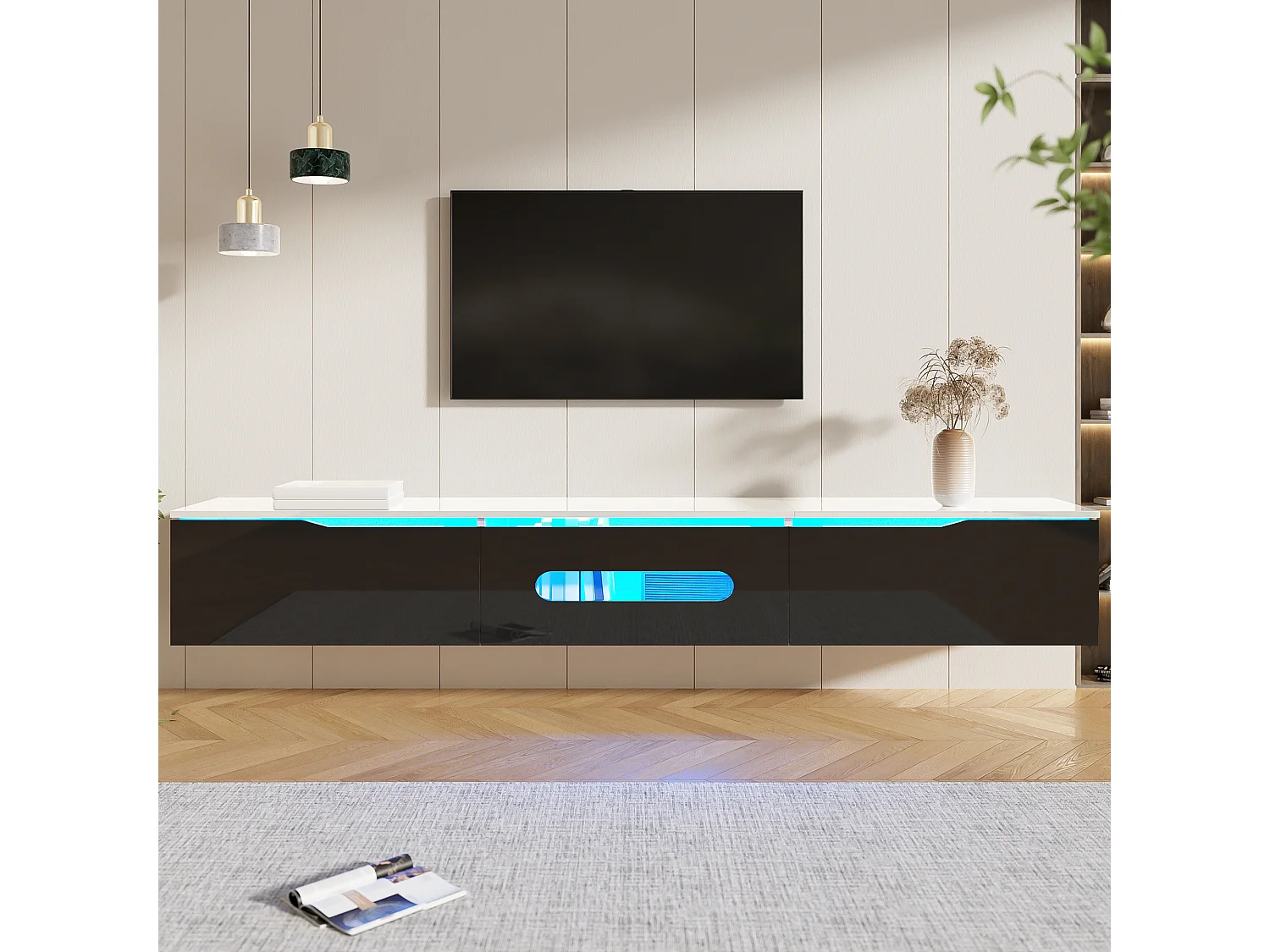 TV stand 180x35x30cm - glossy finish - with 16-color LED lighting - wall-mounted - black + white