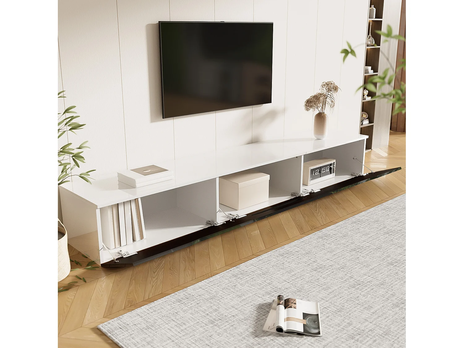 TV stand 180x35x30cm - glossy finish - with 16-color LED lighting - wall-mounted - black + white