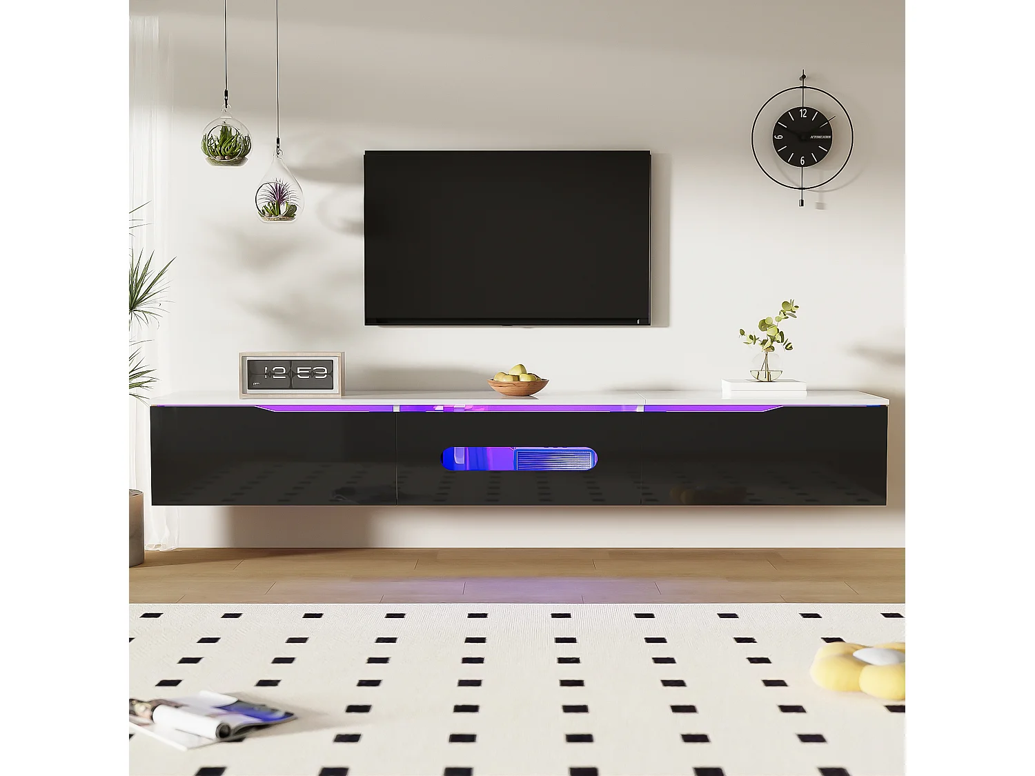 TV stand 180x35x30cm - glossy finish - with 16-color LED lighting - wall-mounted - black + white