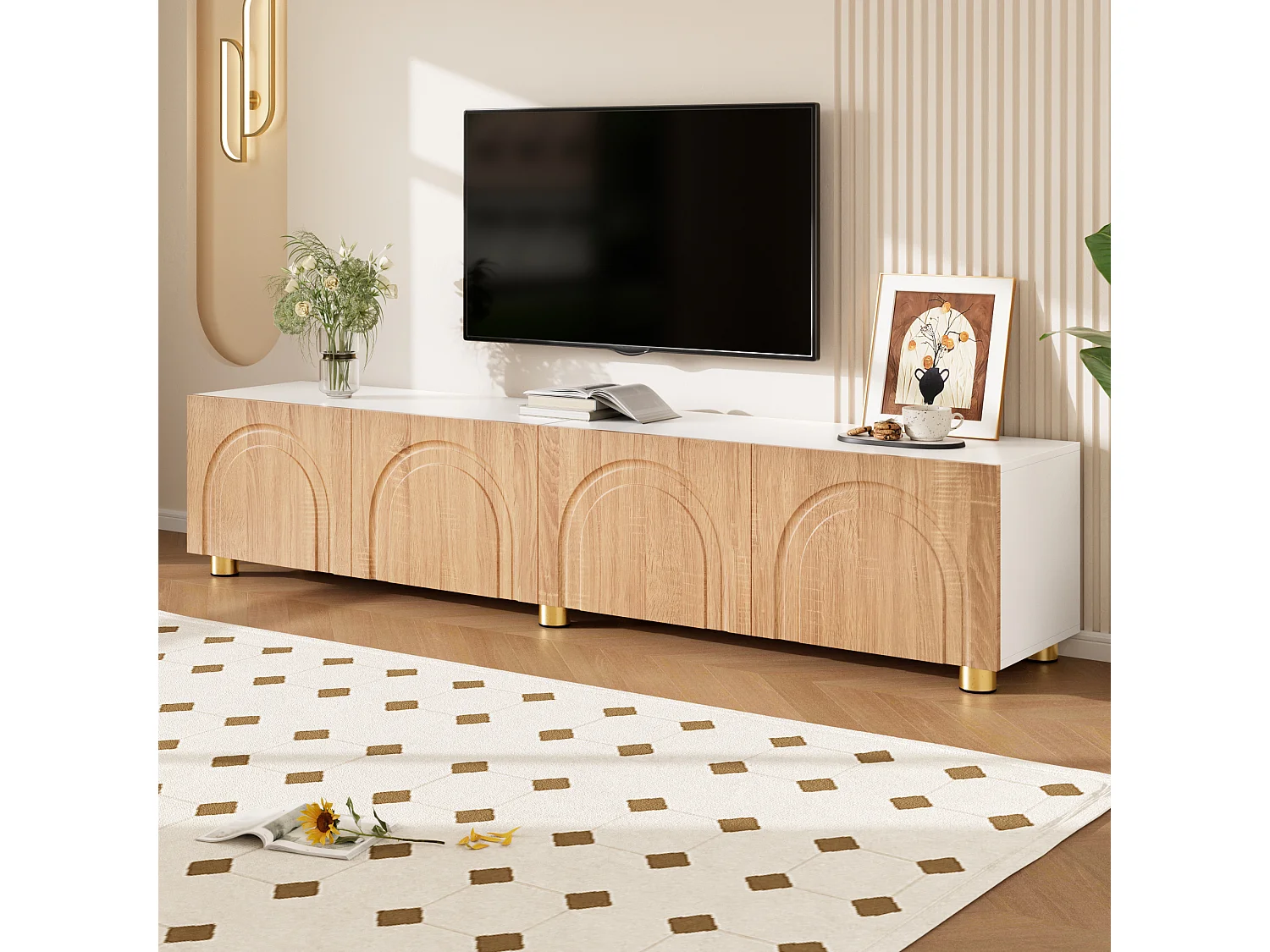 Modernes TV-Lowboard 180x35x40 cm - 4 Türen - gewölbtes Reliefdesign - Metallbeine - MDF + Spanplatten - Natur