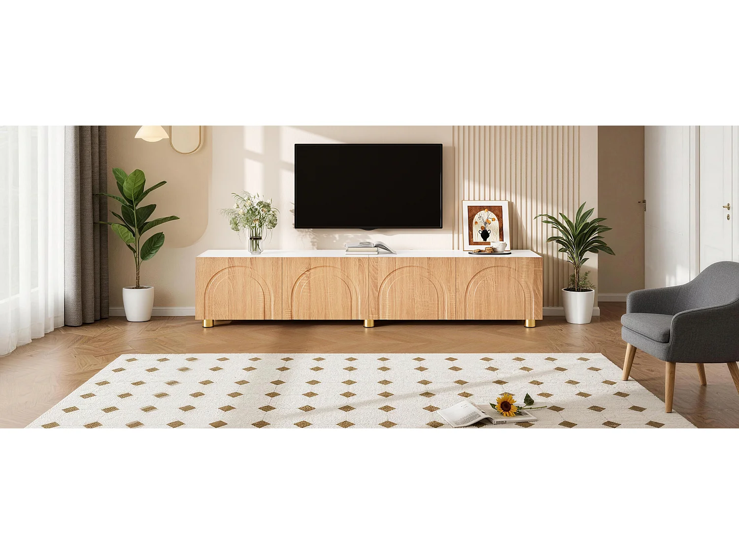 Modernes TV-Lowboard 180x35x40 cm - 4 Türen - gewölbtes Reliefdesign - Metallbeine - MDF + Spanplatten - Natur