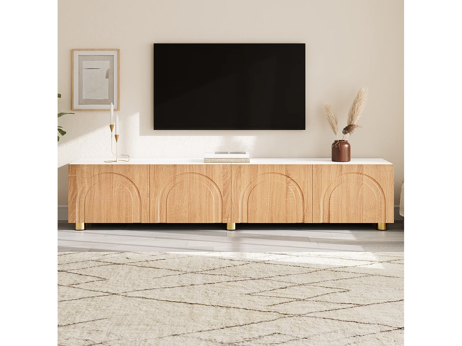 Modernes TV-Lowboard 180x35x40 cm - 4 Türen - gewölbtes Reliefdesign - Metallbeine - MDF + Spanplatten - Natur