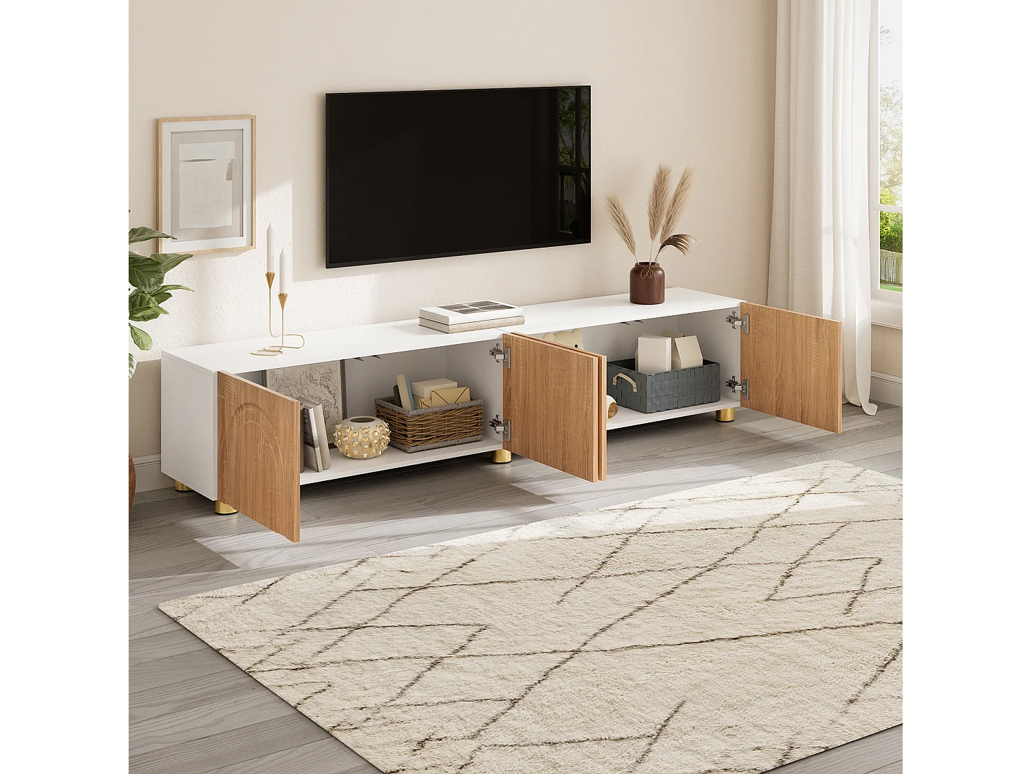 Modernes TV-Lowboard 180x35x40 cm - 4 Türen - gewölbtes Reliefdesign - Metallbeine - MDF + Spanplatten - Natur