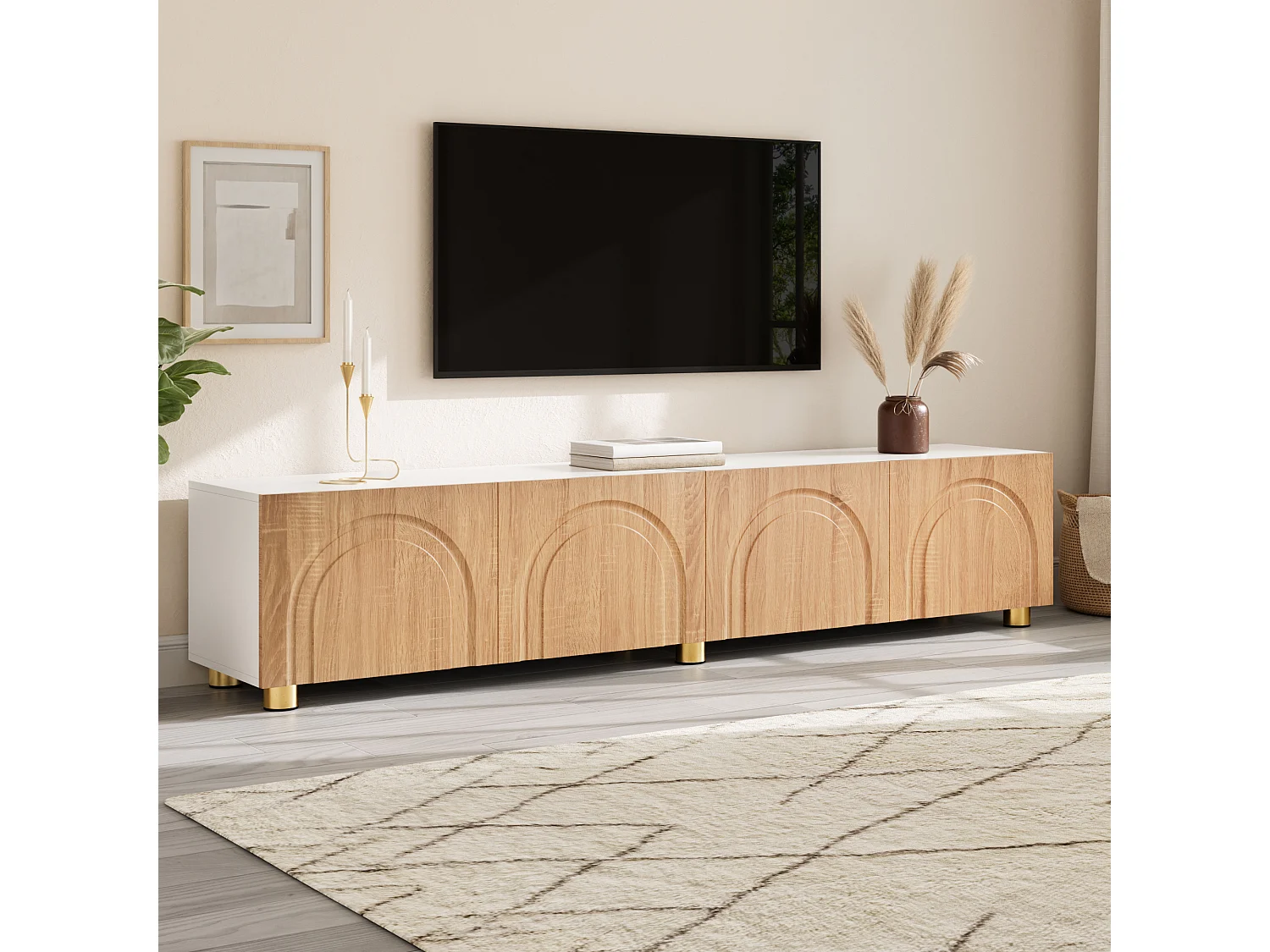 Modernes TV-Lowboard 180x35x40 cm - 4 Türen - gewölbtes Reliefdesign - Metallbeine - MDF + Spanplatten - Natur