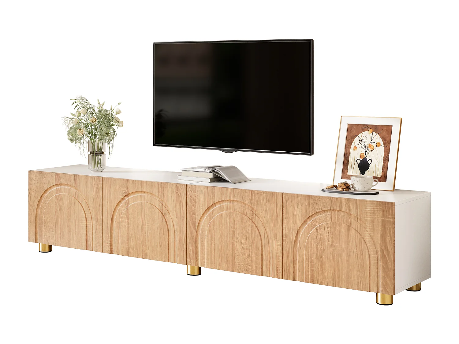 Modernes TV-Lowboard 180x35x40 cm - 4 Türen - gewölbtes Reliefdesign - Metallbeine - MDF + Spanplatten - Natur