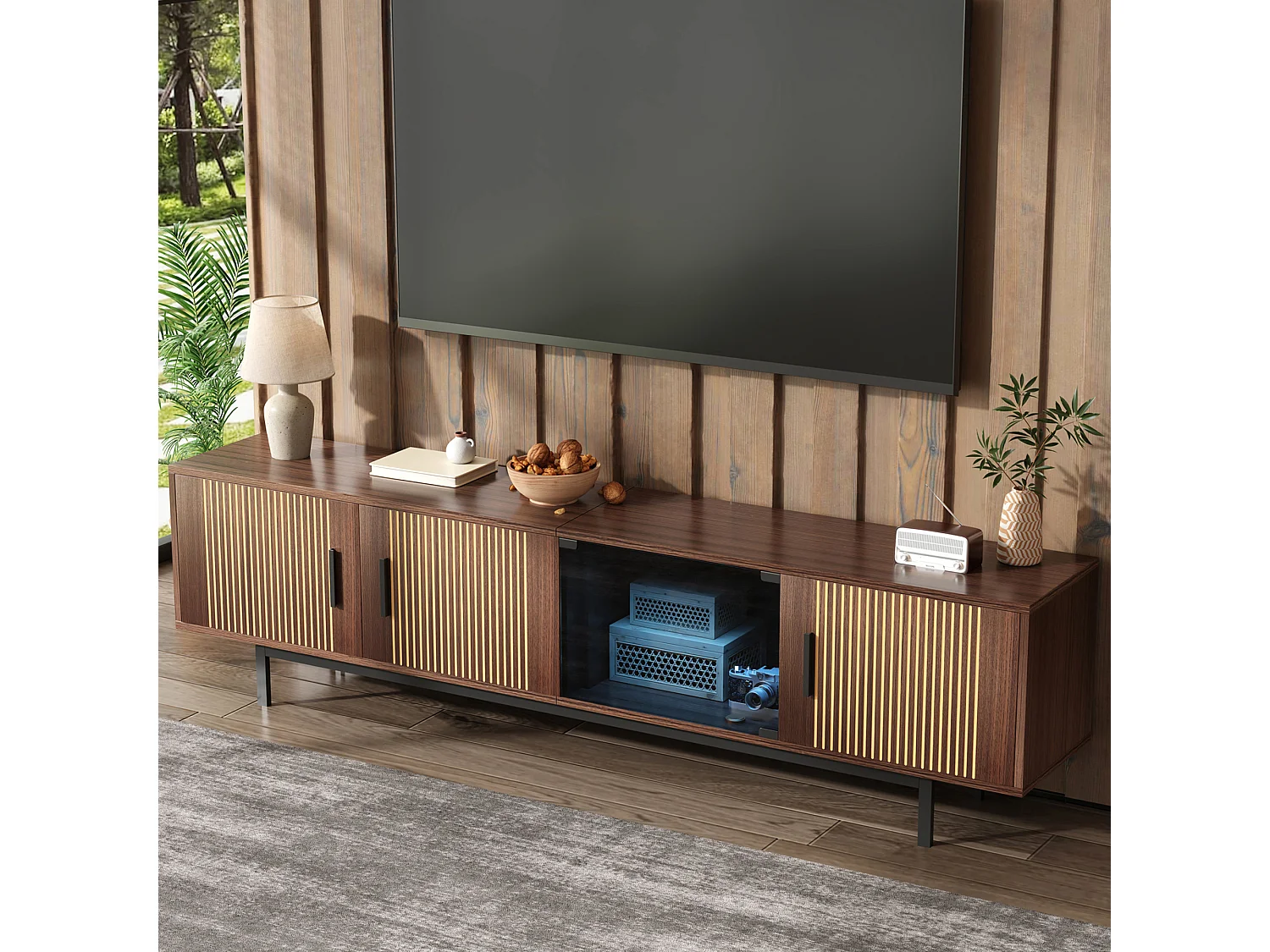 TV stand 159x35x53cm - with LED lighting - with 2 doors - striped texture - country style - brown