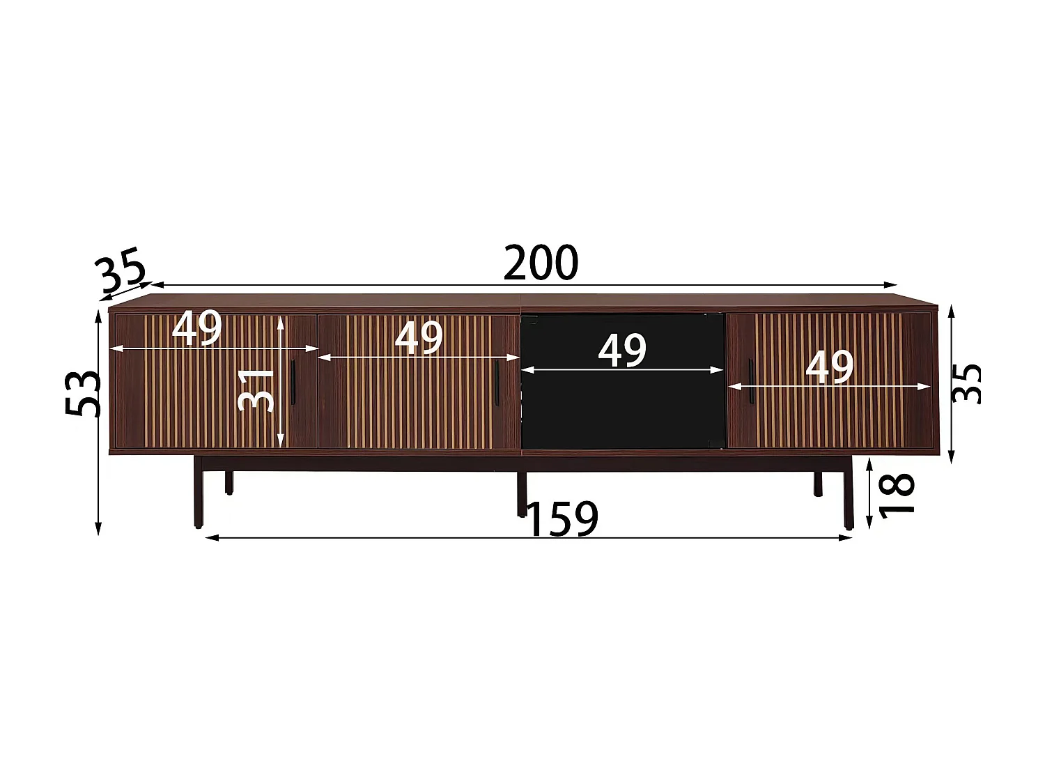 TV stand 159x35x53cm - with LED lighting - with 2 doors - striped texture - country style - brown