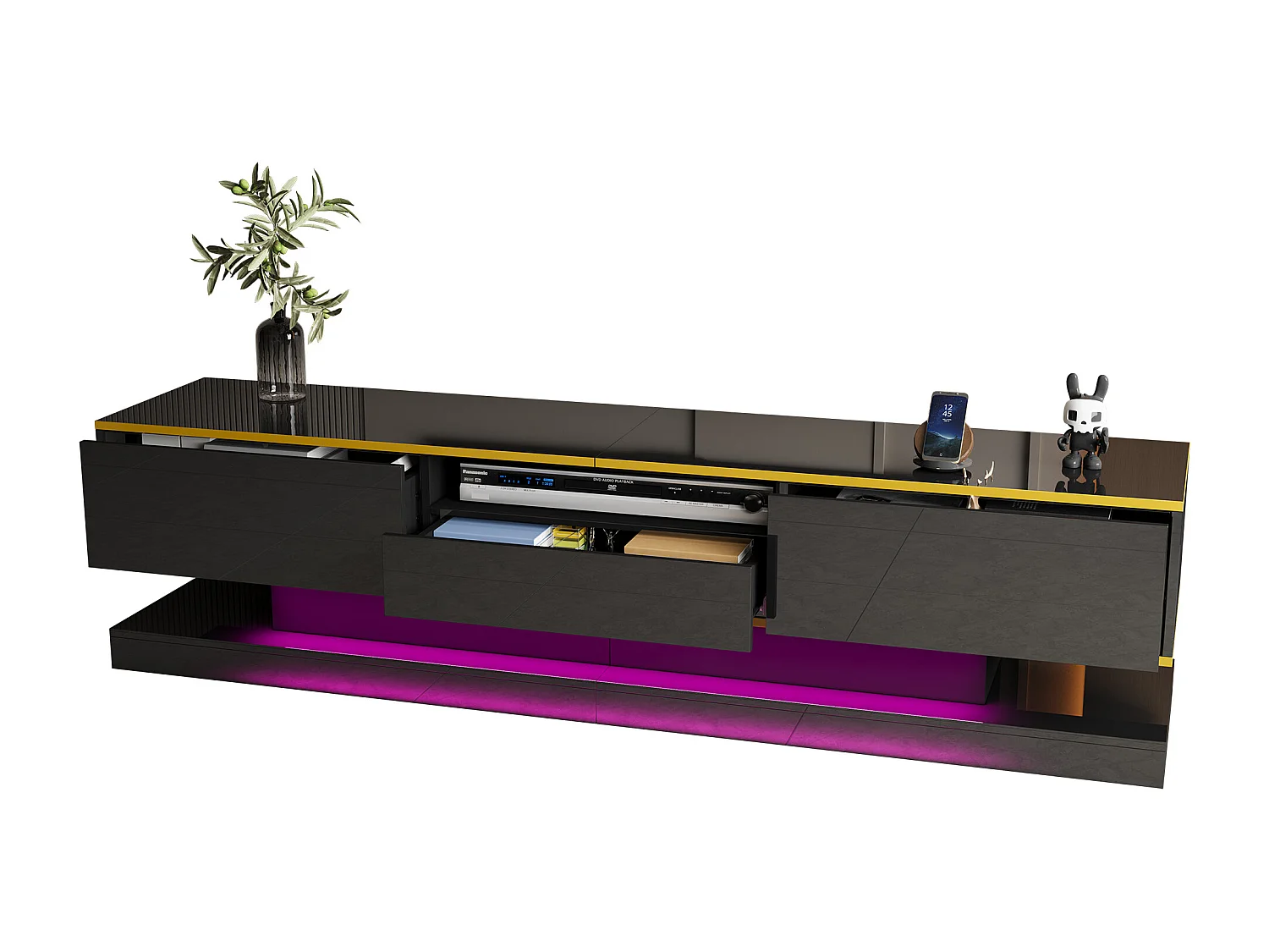 Modern TV stand 180x38x45cm - with three drawers - with one open compartment - with LED lighting - black