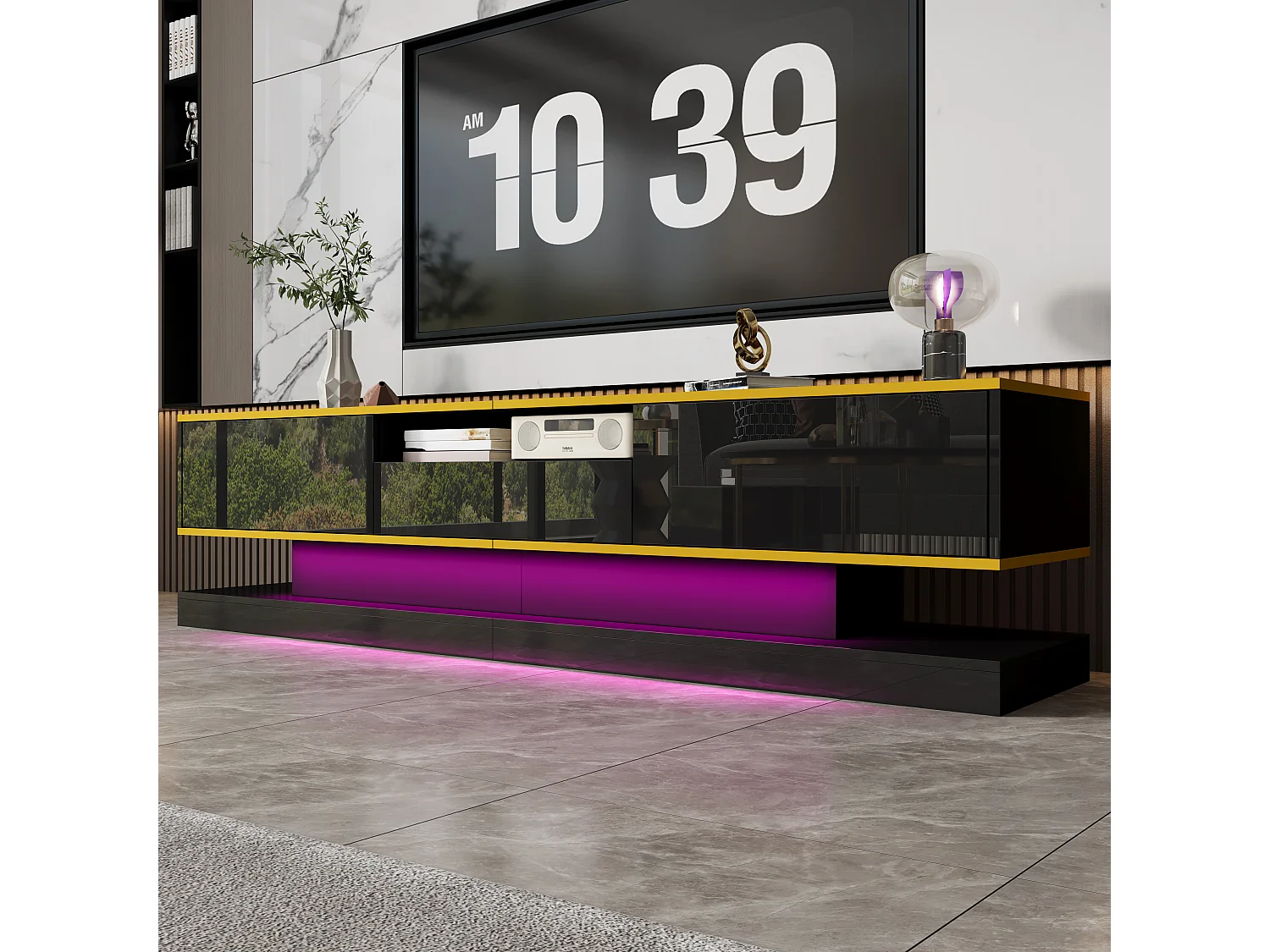 Modern TV stand 180x38x45cm - with three drawers - with one open compartment - with LED lighting - black