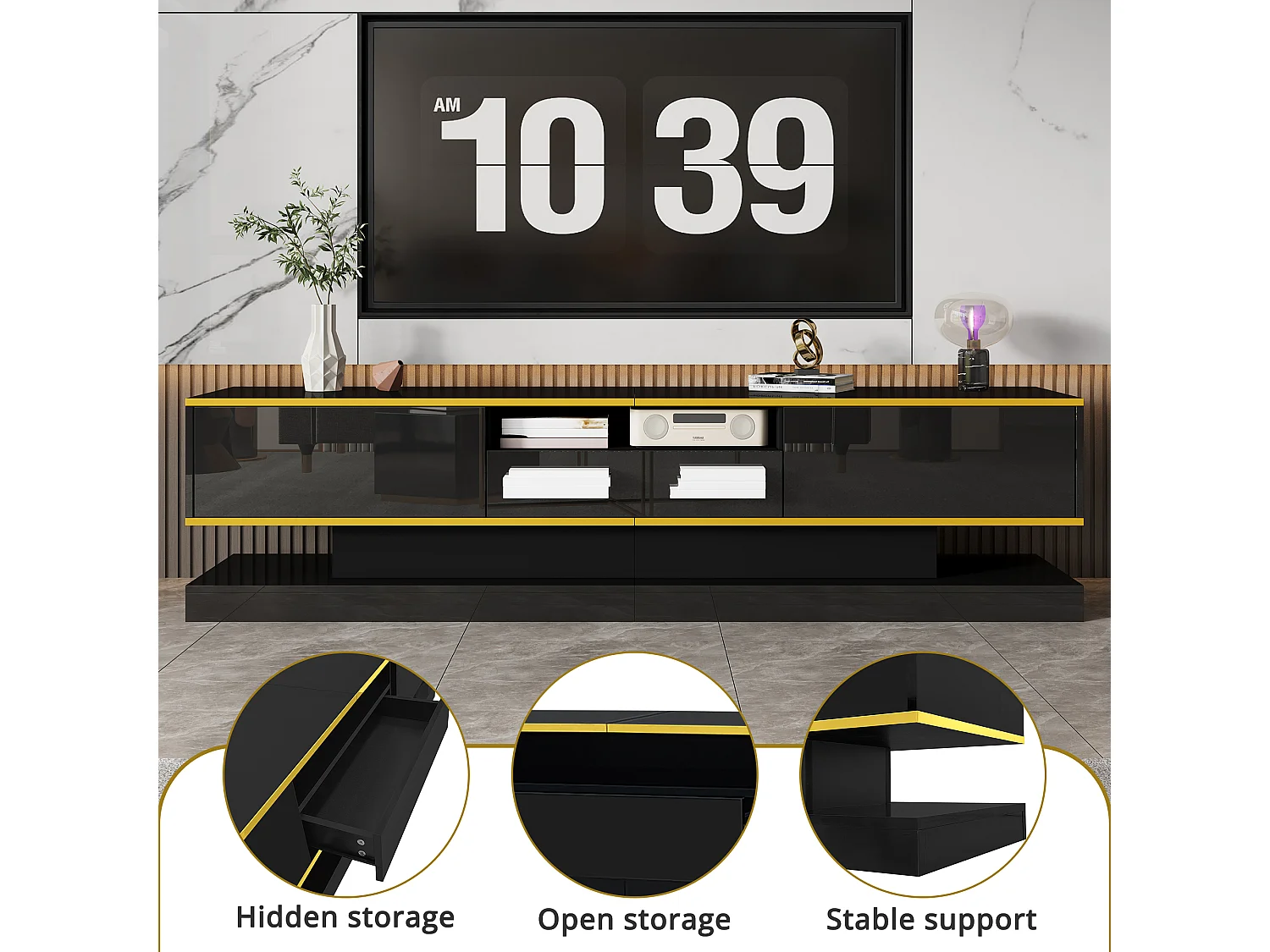 Modern TV stand 180x38x45cm - with three drawers - with one open compartment - with LED lighting - black