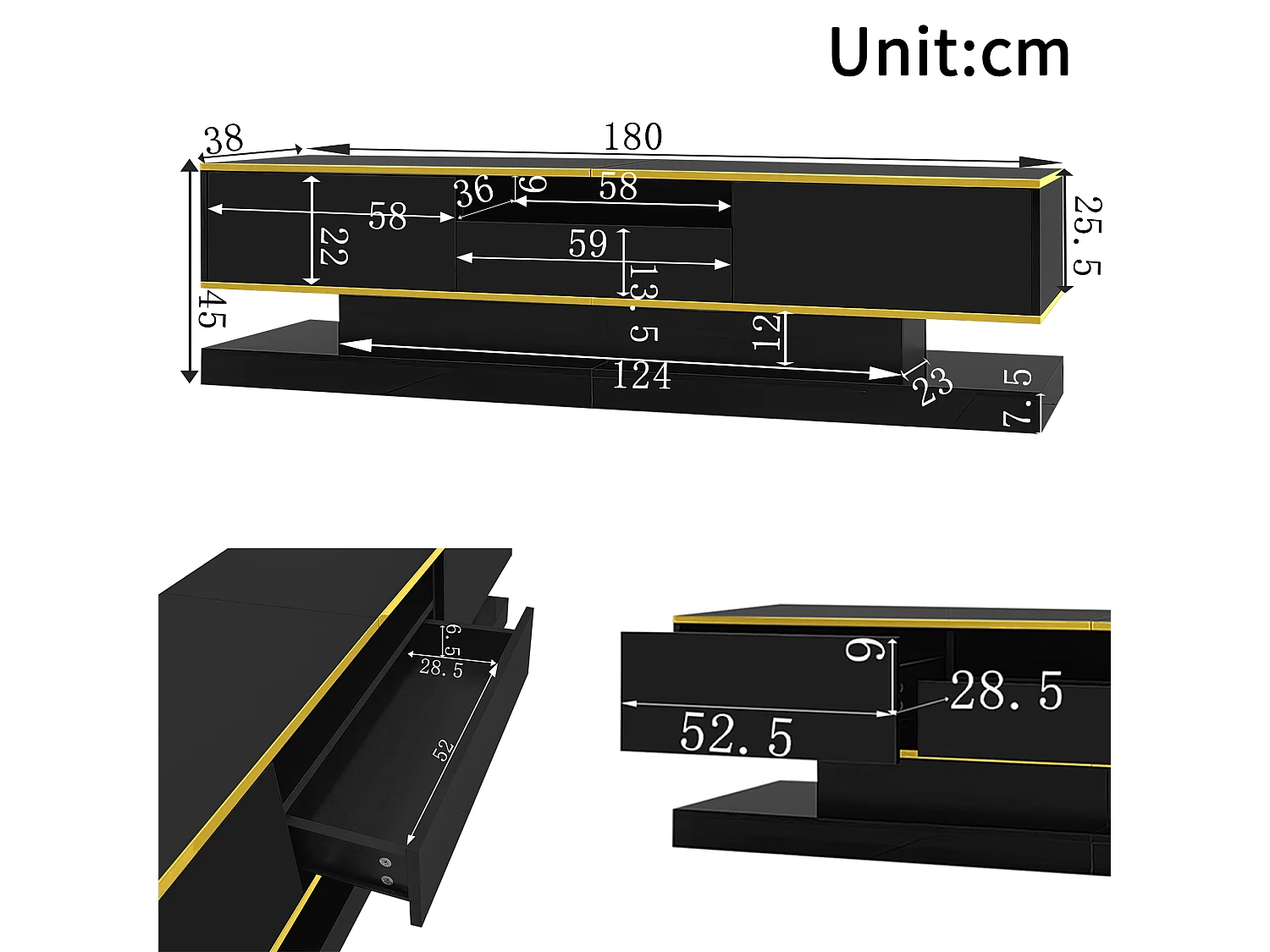 Modern TV stand 180x38x45cm - with three drawers - with one open compartment - with LED lighting - black