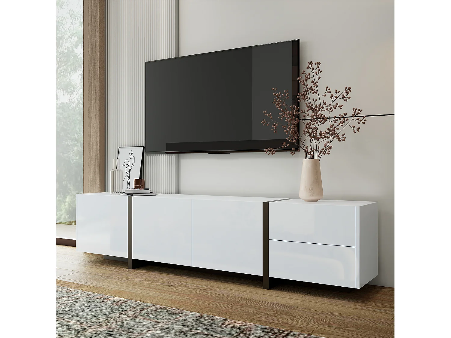 Glossy TV Stand 170x30x39 cm - with LED Light - 3 Doors and 1 Drawer - Particleboard - White