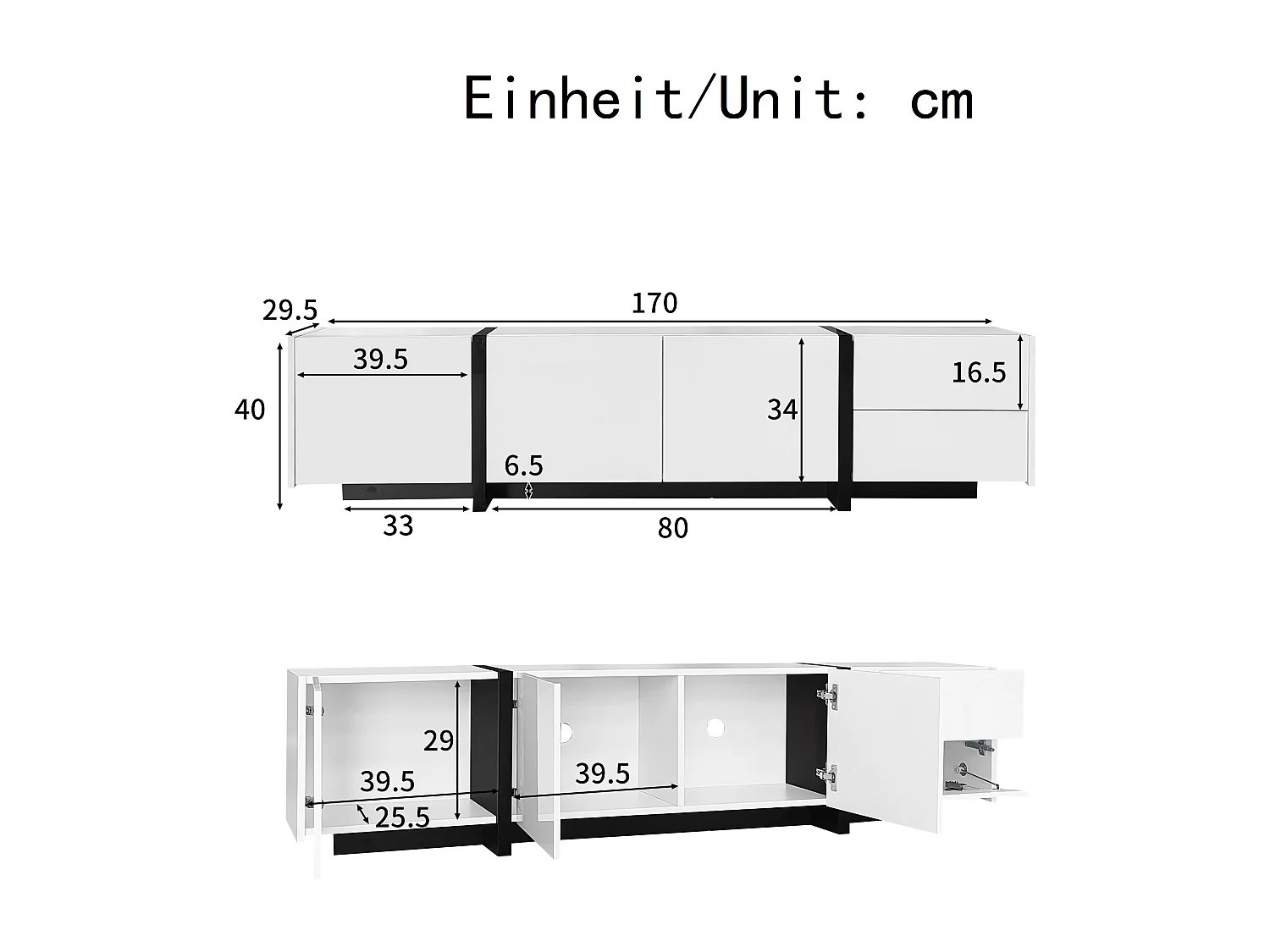 Glossy TV Stand 170x30x39 cm - with LED Light - 3 Doors and 1 Drawer - Particleboard - White