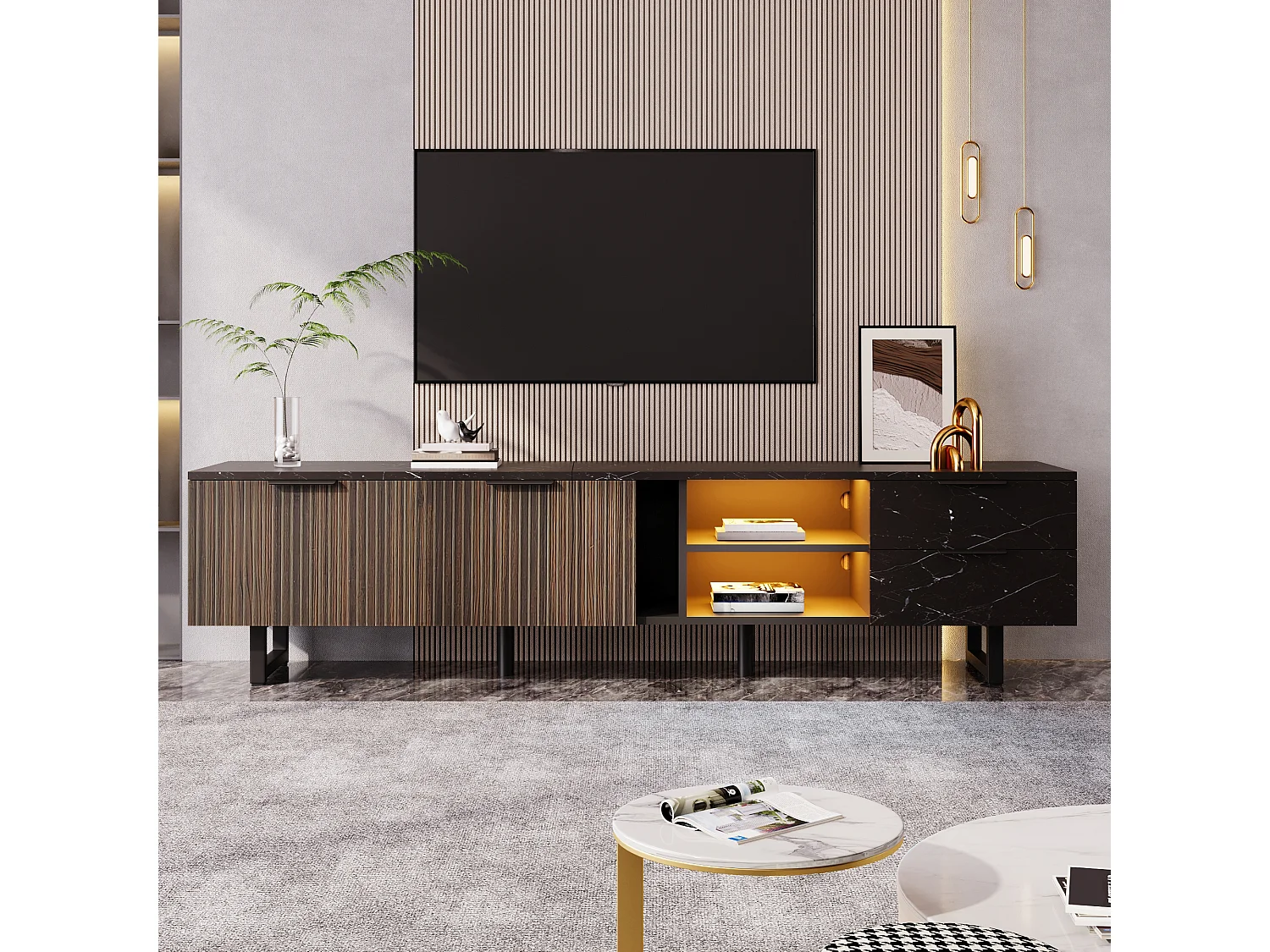 TV Stand W 200cm with LED Lighting - 2 Doors & 2 Drawers - Brown