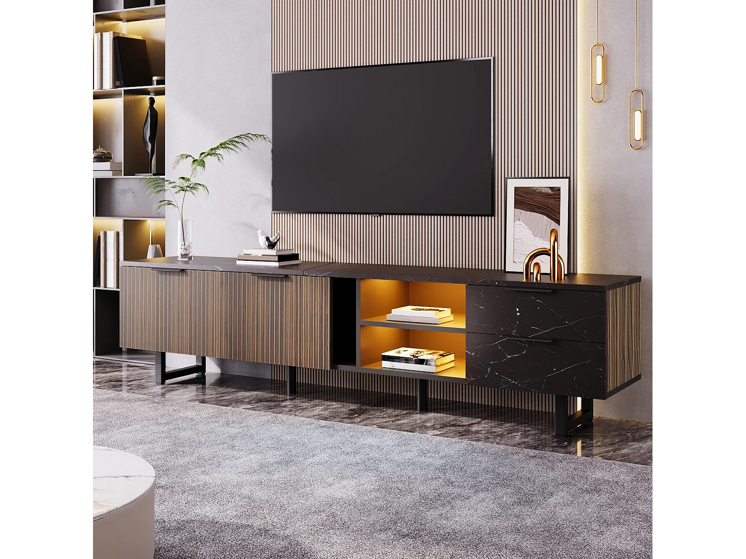 TV Stand W 200cm with LED Lighting - 2 Doors & 2 Drawers - Brown