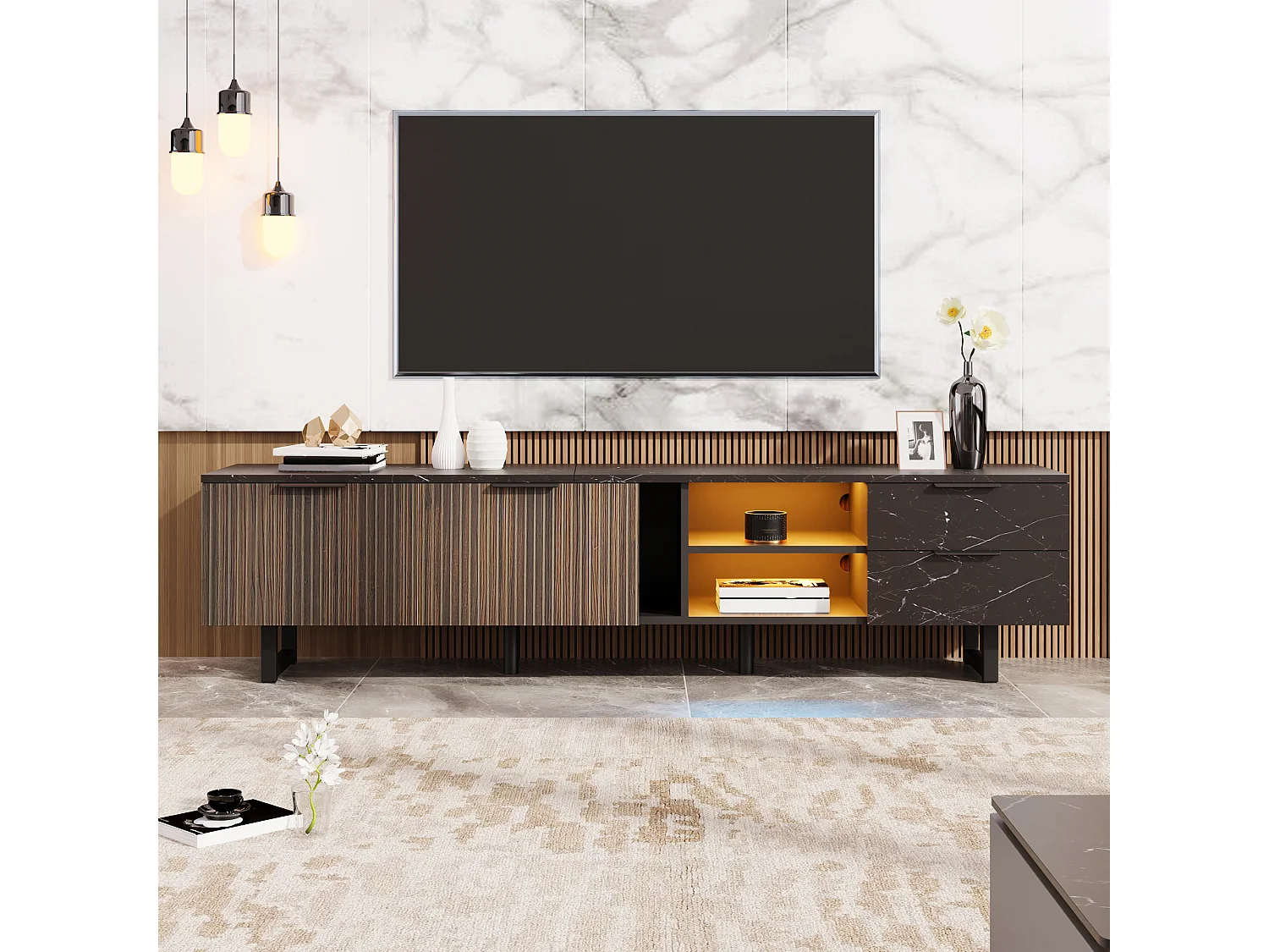 TV Stand W 200cm with LED Lighting - 2 Doors & 2 Drawers - Brown