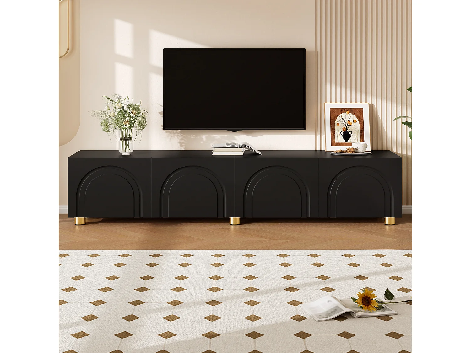 Modernes TV-Lowboard 180x35x40 cm - 4 Türen - gewölbtes Reliefdesign - Metallbeine - MDF + Spanplatten - Schwarz