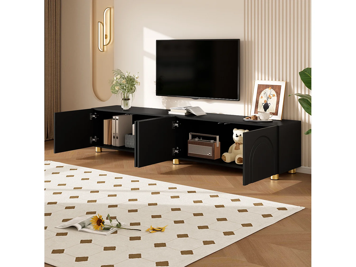 Modernes TV-Lowboard 180x35x40 cm - 4 Türen - gewölbtes Reliefdesign - Metallbeine - MDF + Spanplatten - Schwarz