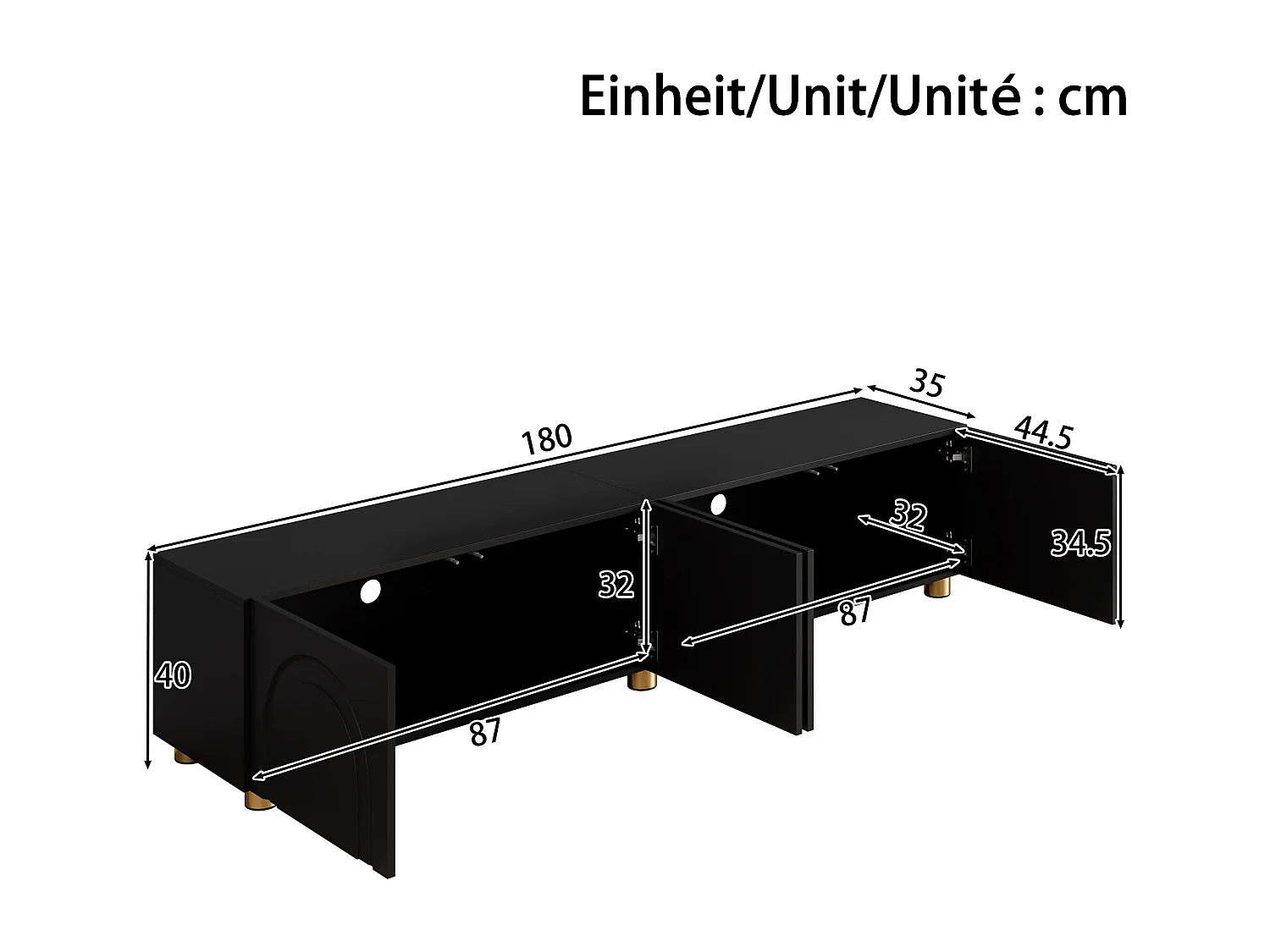 Modernes TV-Lowboard 180x35x40 cm - 4 Türen - gewölbtes Reliefdesign - Metallbeine - MDF + Spanplatten - Schwarz
