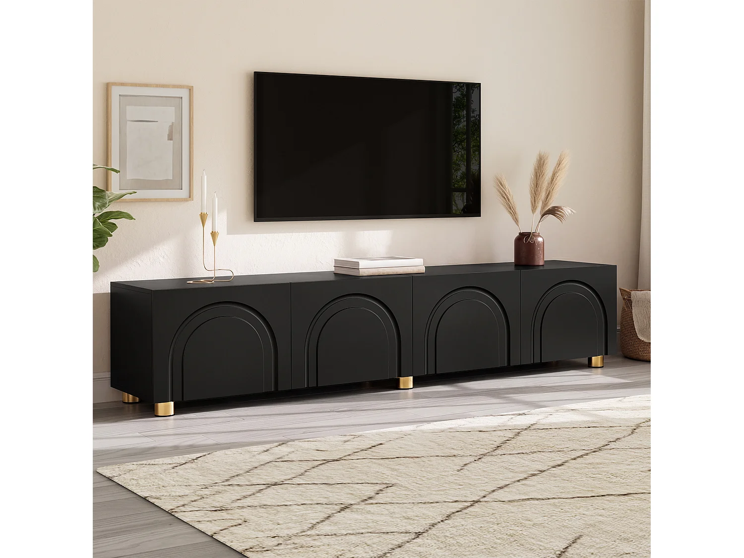 Modernes TV-Lowboard 180x35x40 cm - 4 Türen - gewölbtes Reliefdesign - Metallbeine - MDF + Spanplatten - Schwarz