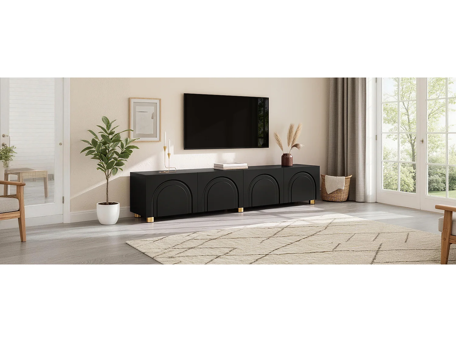 Modernes TV-Lowboard 180x35x40 cm - 4 Türen - gewölbtes Reliefdesign - Metallbeine - MDF + Spanplatten - Schwarz