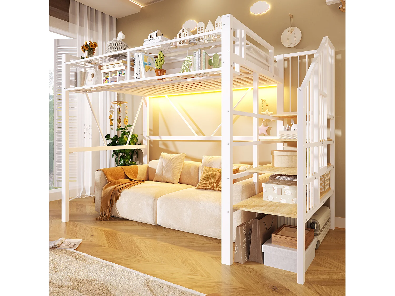 Cama loft 90 x 200 cm - estrutura em metal - com prateleiras de vários níveis - com faixa de luz LED - branco (colchão não incluído)