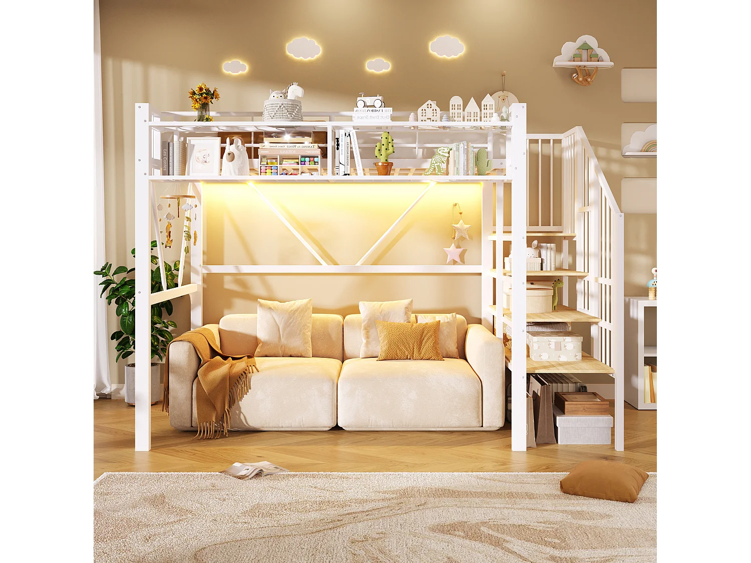 Cama loft 90 x 200 cm - estrutura em metal - com prateleiras de vários níveis - com faixa de luz LED - branco (colchão não incluído)