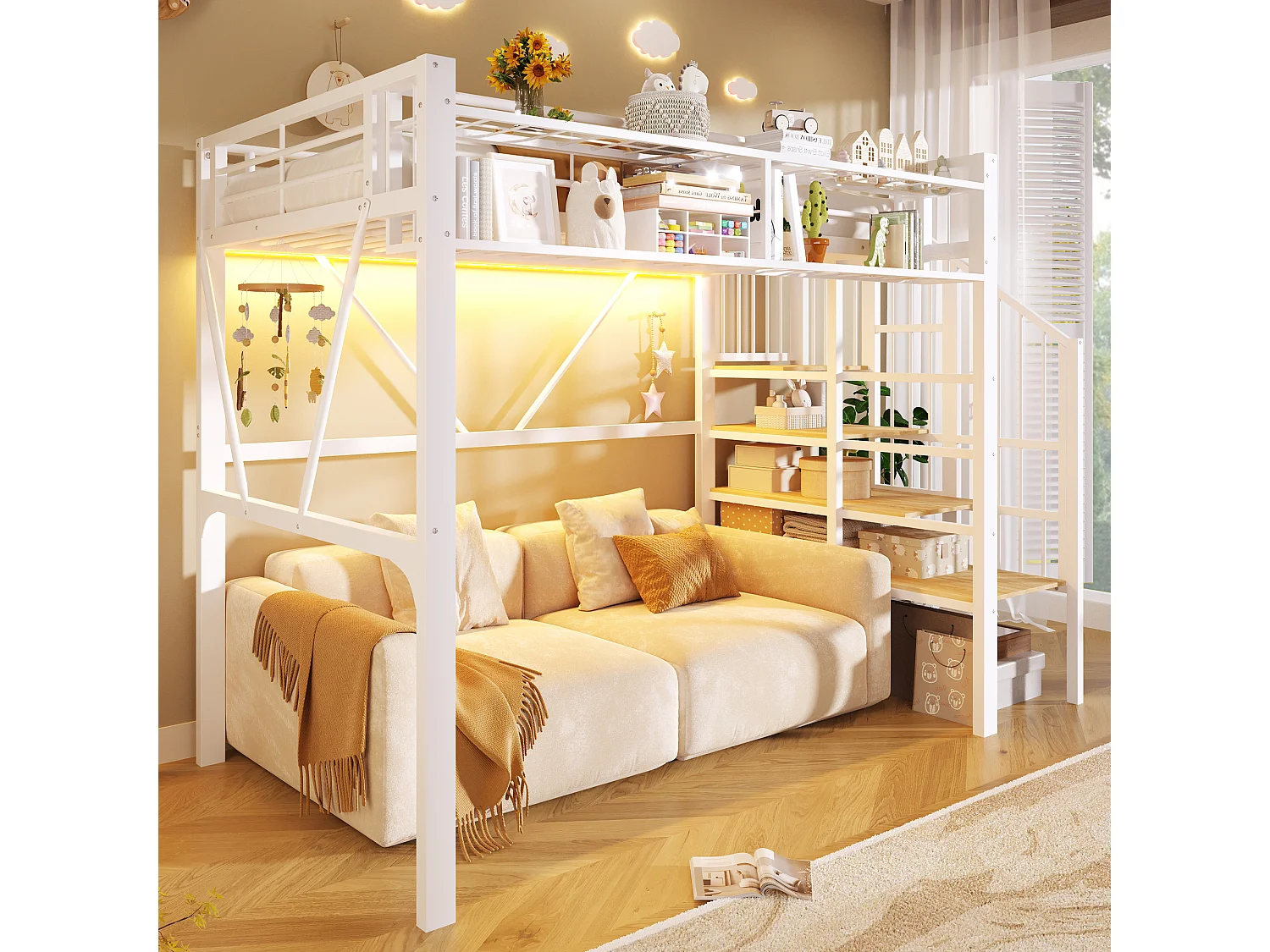 Cama loft 90 x 200 cm - estrutura em metal - com prateleiras de vários níveis - com faixa de luz LED - branco (colchão não incluído)