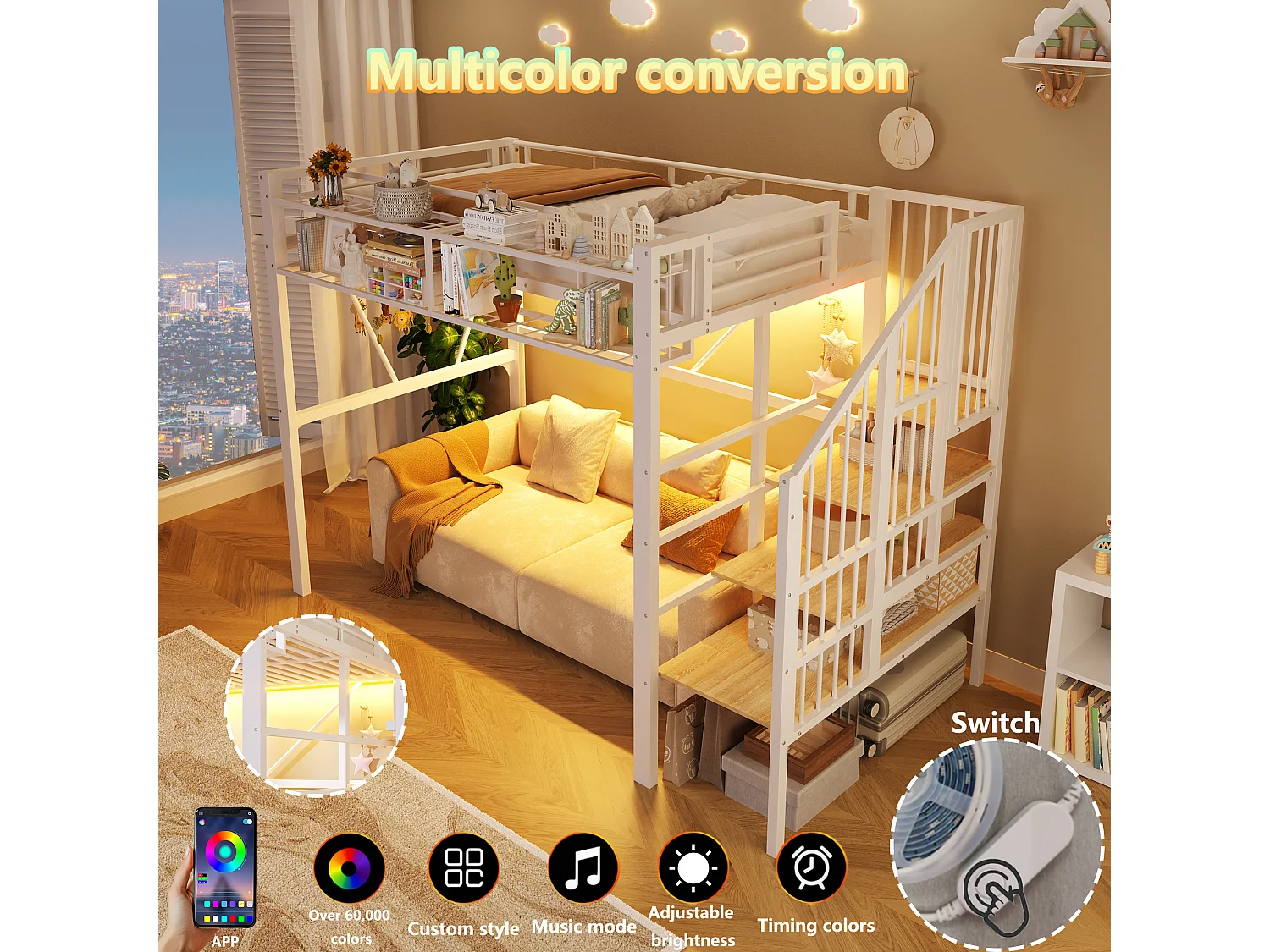 Cama loft 90 x 200 cm - estrutura em metal - com prateleiras de vários níveis - com faixa de luz LED - branco (colchão não incluído)