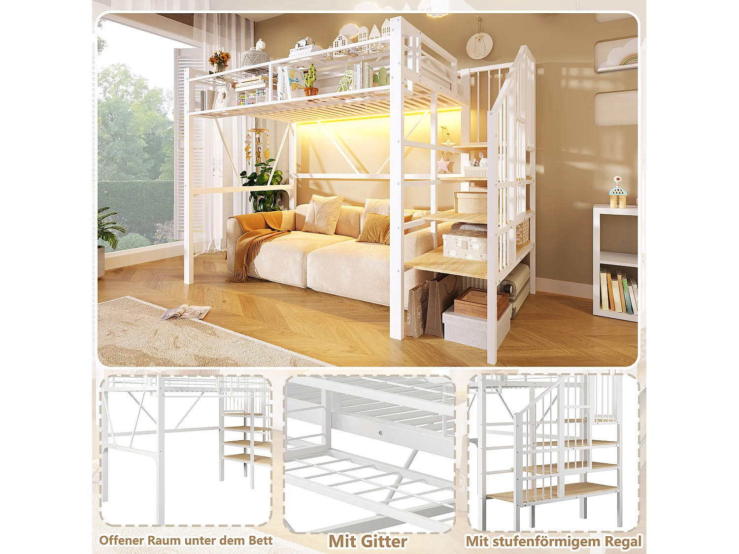 Cama loft 90 x 200 cm - estrutura em metal - com prateleiras de vários níveis - com faixa de luz LED - branco (colchão não incluído)