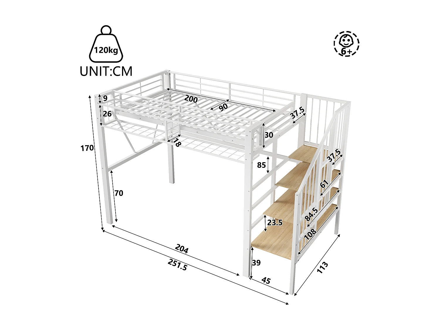 Cama loft 90 x 200 cm - estrutura em metal - com prateleiras de vários níveis - com faixa de luz LED - branco (colchão não incluído)