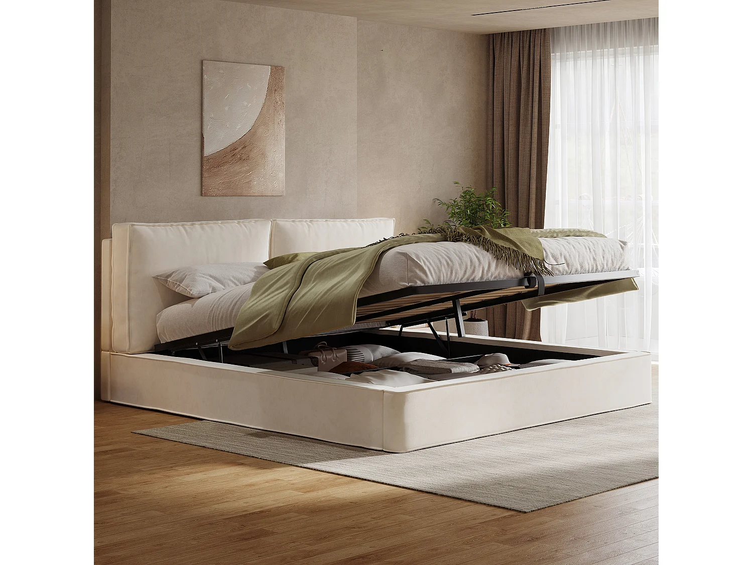 Lit coffre rembourré 180 x 200 cm - avec sommier à lattes - Velours - Beige (Matelas non inclus)