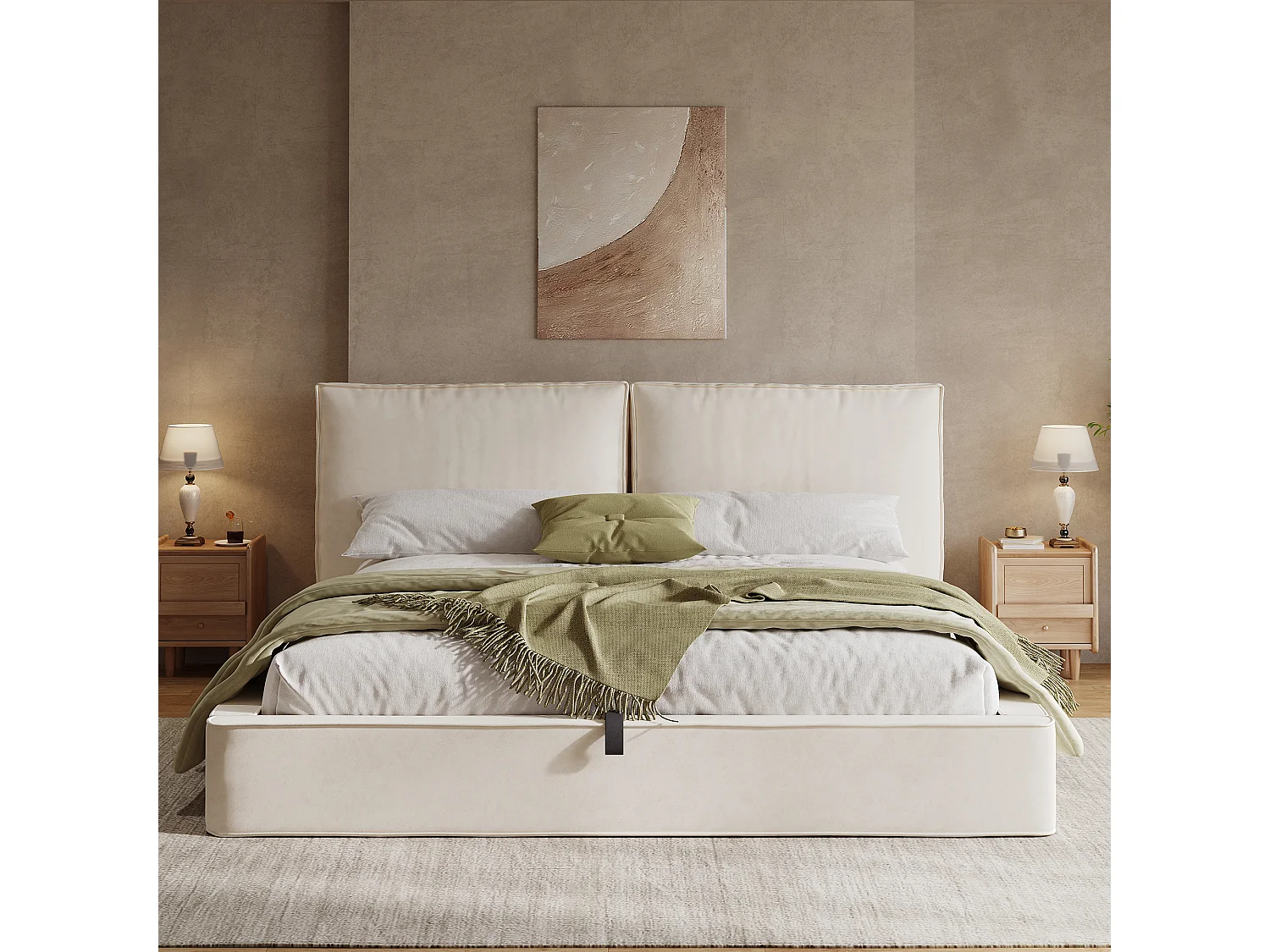 Lit coffre rembourré 180 x 200 cm - avec sommier à lattes - Velours - Beige (Matelas non inclus)