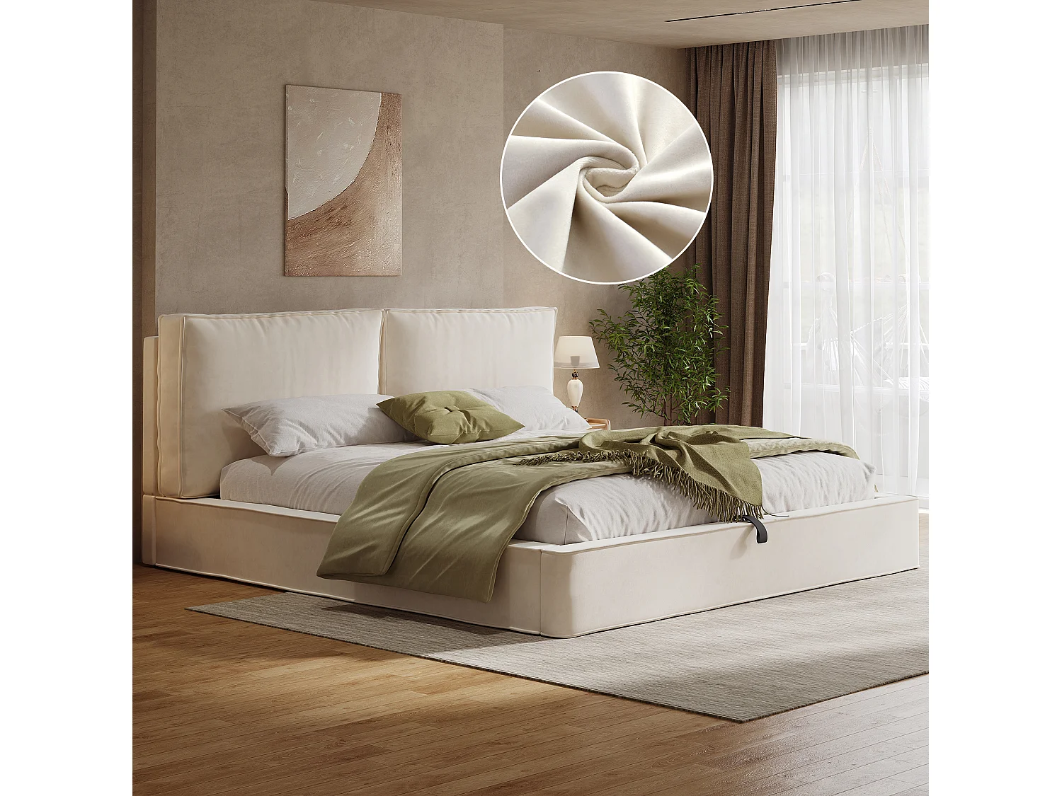 Lit coffre rembourré 180 x 200 cm - avec sommier à lattes - Velours - Beige (Matelas non inclus)