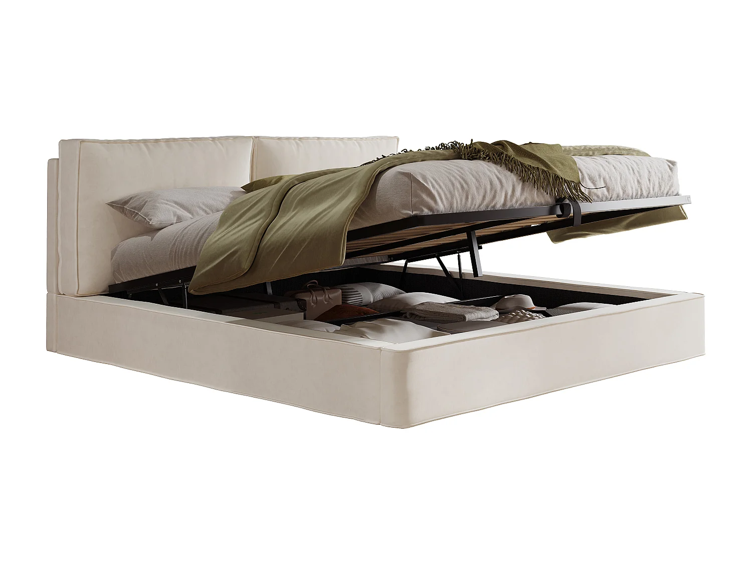 Lit coffre rembourré 180 x 200 cm - avec sommier à lattes - Velours - Beige (Matelas non inclus)