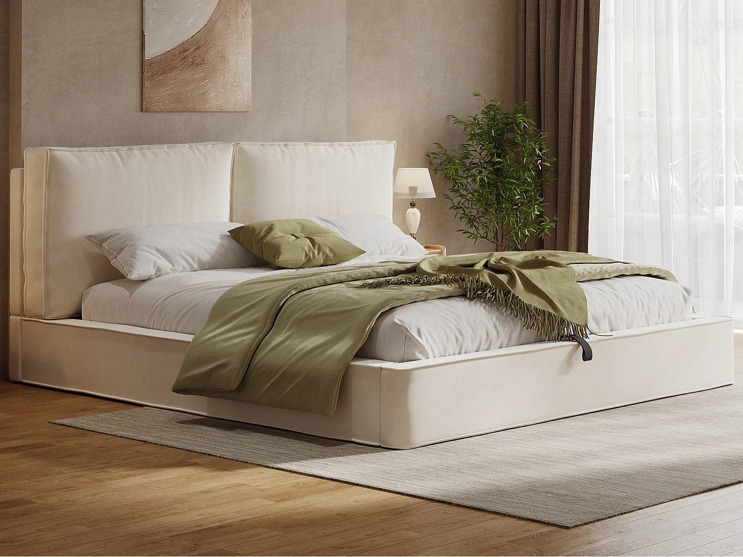 Lit coffre rembourré 180 x 200 cm - avec sommier à lattes - Velours - Beige (Matelas non inclus)