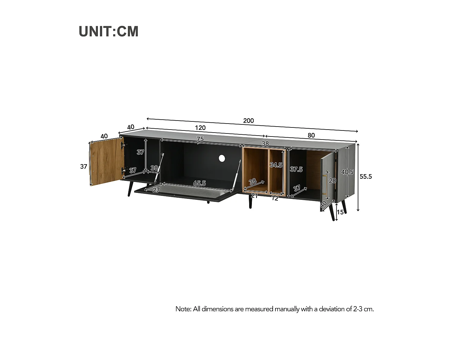200cm TV Stand - suitable for 90" TVs - with ample storage space - Gray