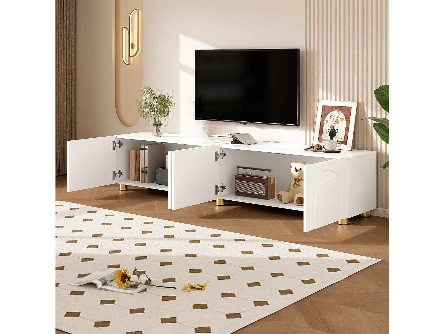 Modernes TV-Lowboard 180x35x40 cm - 4 Türen - gewölbtes Reliefdesign - Metallbeine - MDF + Spanplatten - Weiß