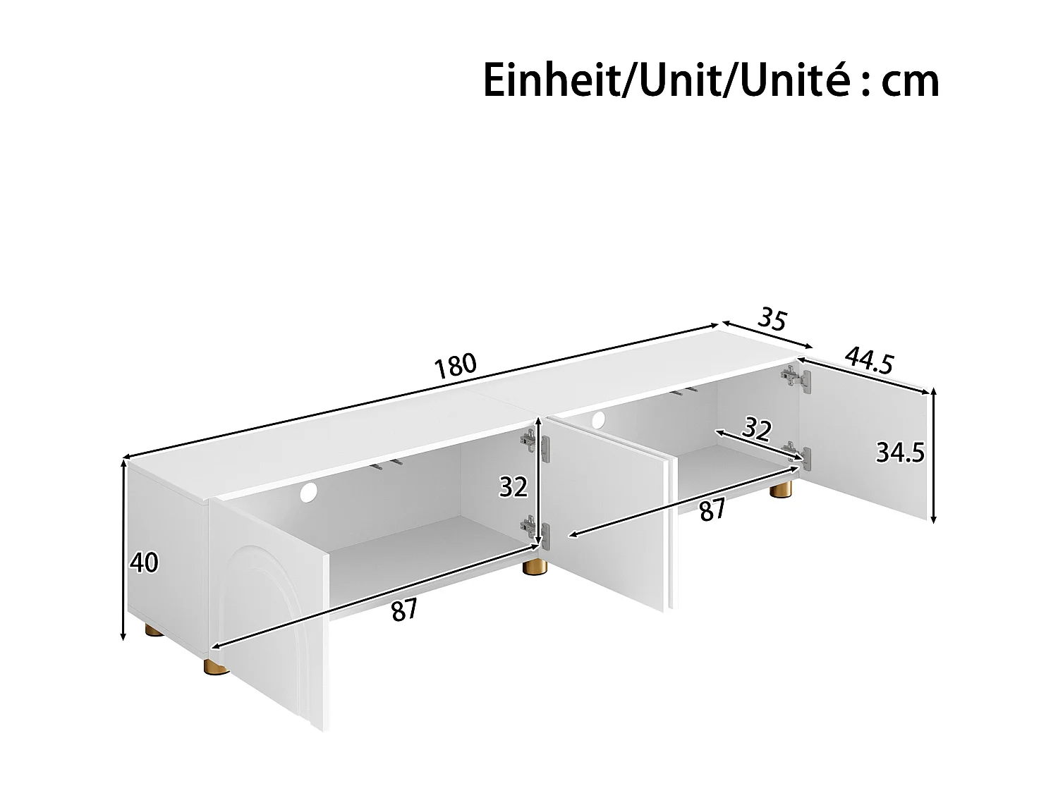 Modernes TV-Lowboard 180x35x40 cm - 4 Türen - gewölbtes Reliefdesign - Metallbeine - MDF + Spanplatten - Weiß
