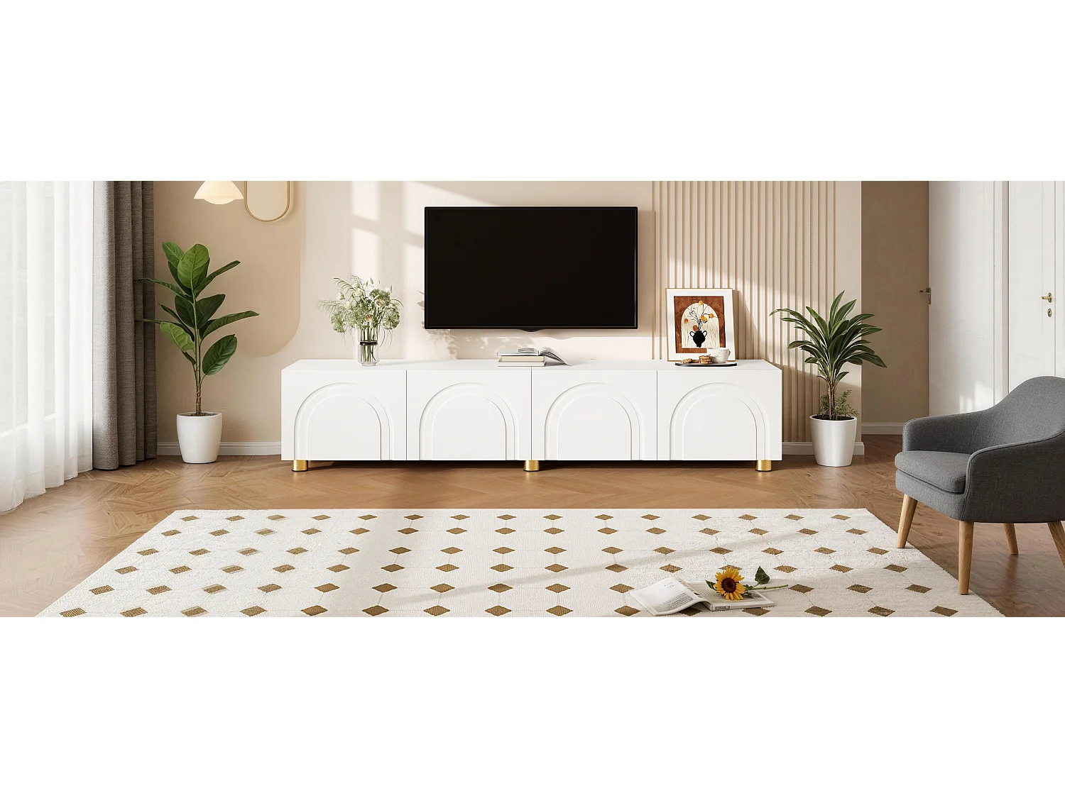 Modernes TV-Lowboard 180x35x40 cm - 4 Türen - gewölbtes Reliefdesign - Metallbeine - MDF + Spanplatten - Weiß