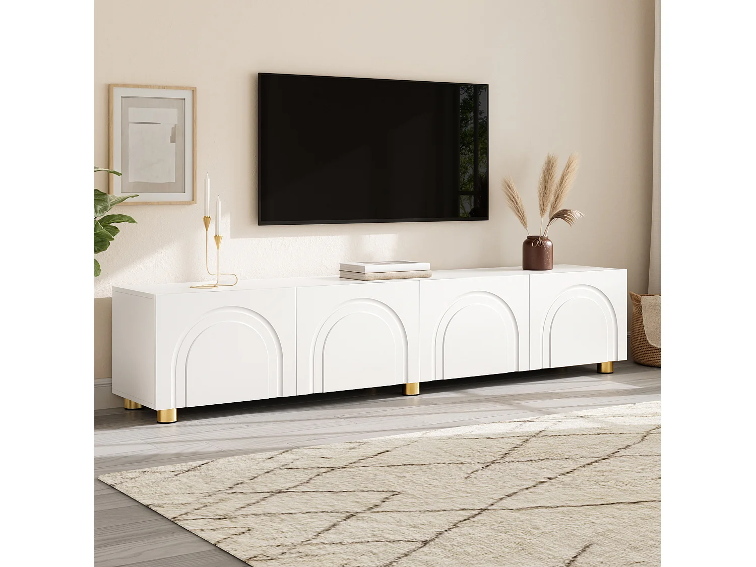 Modernes TV-Lowboard 180x35x40 cm - 4 Türen - gewölbtes Reliefdesign - Metallbeine - MDF + Spanplatten - Weiß