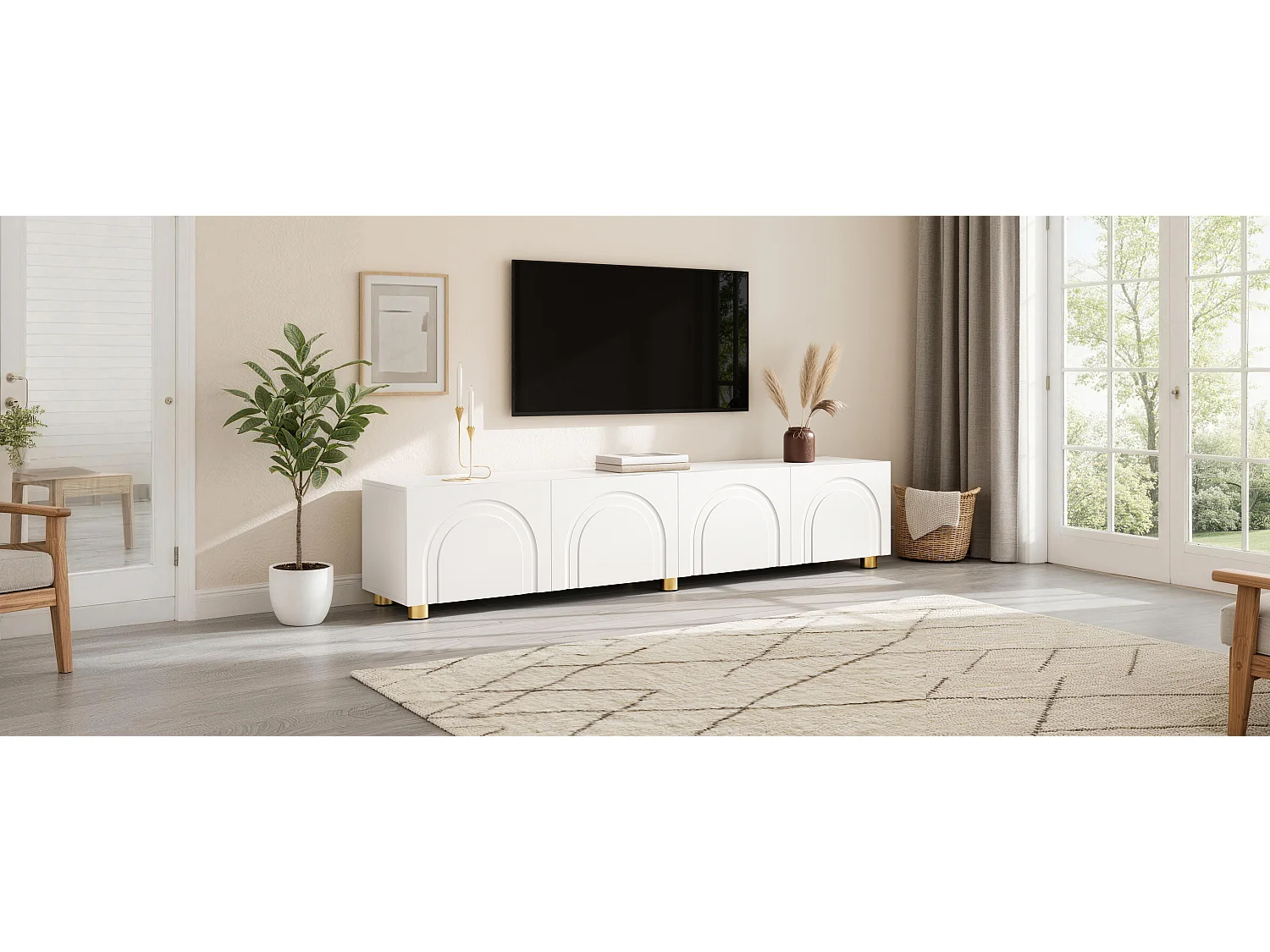 Modernes TV-Lowboard 180x35x40 cm - 4 Türen - gewölbtes Reliefdesign - Metallbeine - MDF + Spanplatten - Weiß