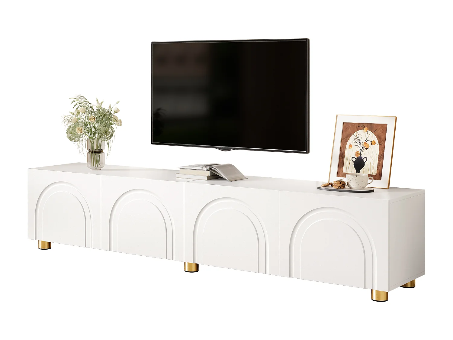 Modernes TV-Lowboard 180x35x40 cm - 4 Türen - gewölbtes Reliefdesign - Metallbeine - MDF + Spanplatten - Weiß